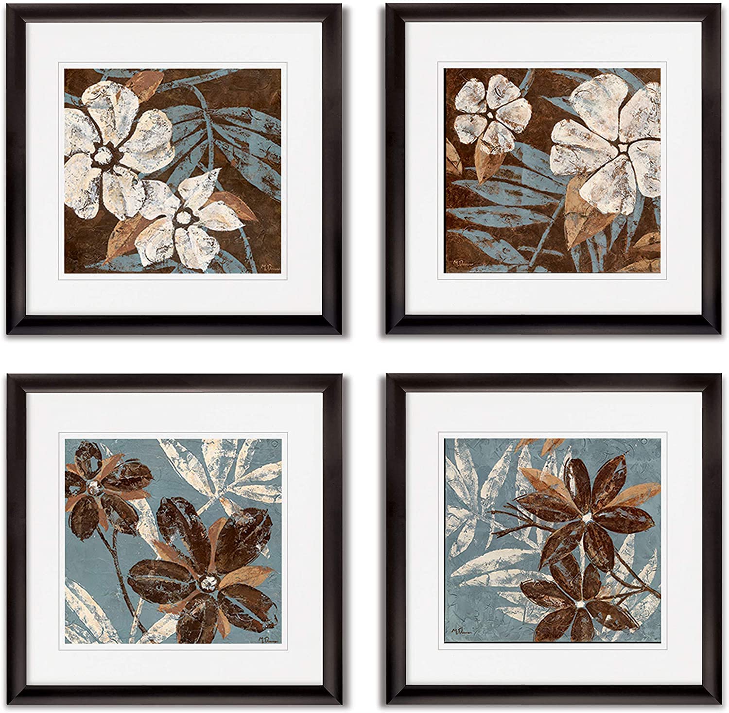 Renditions Gallery Framed Wall Art, 4 Panels Set 16x16 Inches Each Black Frame Artwork, Flowers on C