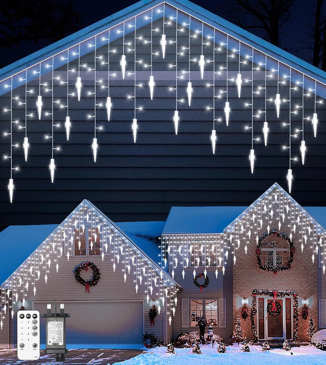 Icicle Outdoor Christmas Lights,10M/33FT 270 LED Icicle Lights with 45 Icicles,Cool White Fairy Twinkle Lights - IP44 Waterproof/Remote/8 Modes/Memory/Timer for Outside Eaves Xmas Roof Decorations