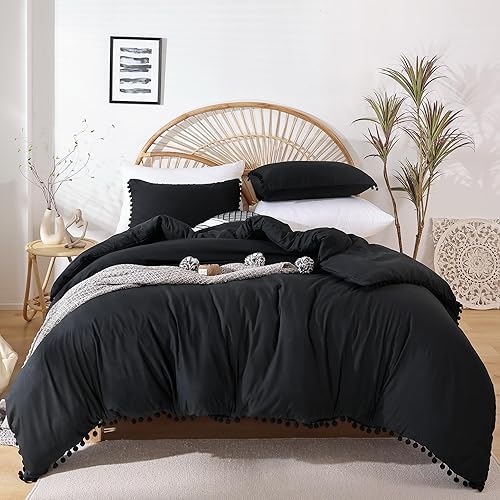 Miniatura 2 de YIRDDEO Juego de edredón Queen Juego de edredón tamaño Queen con flecos de bolas, juego de ropa de cama suave para todas las estaciones 3 piezas,