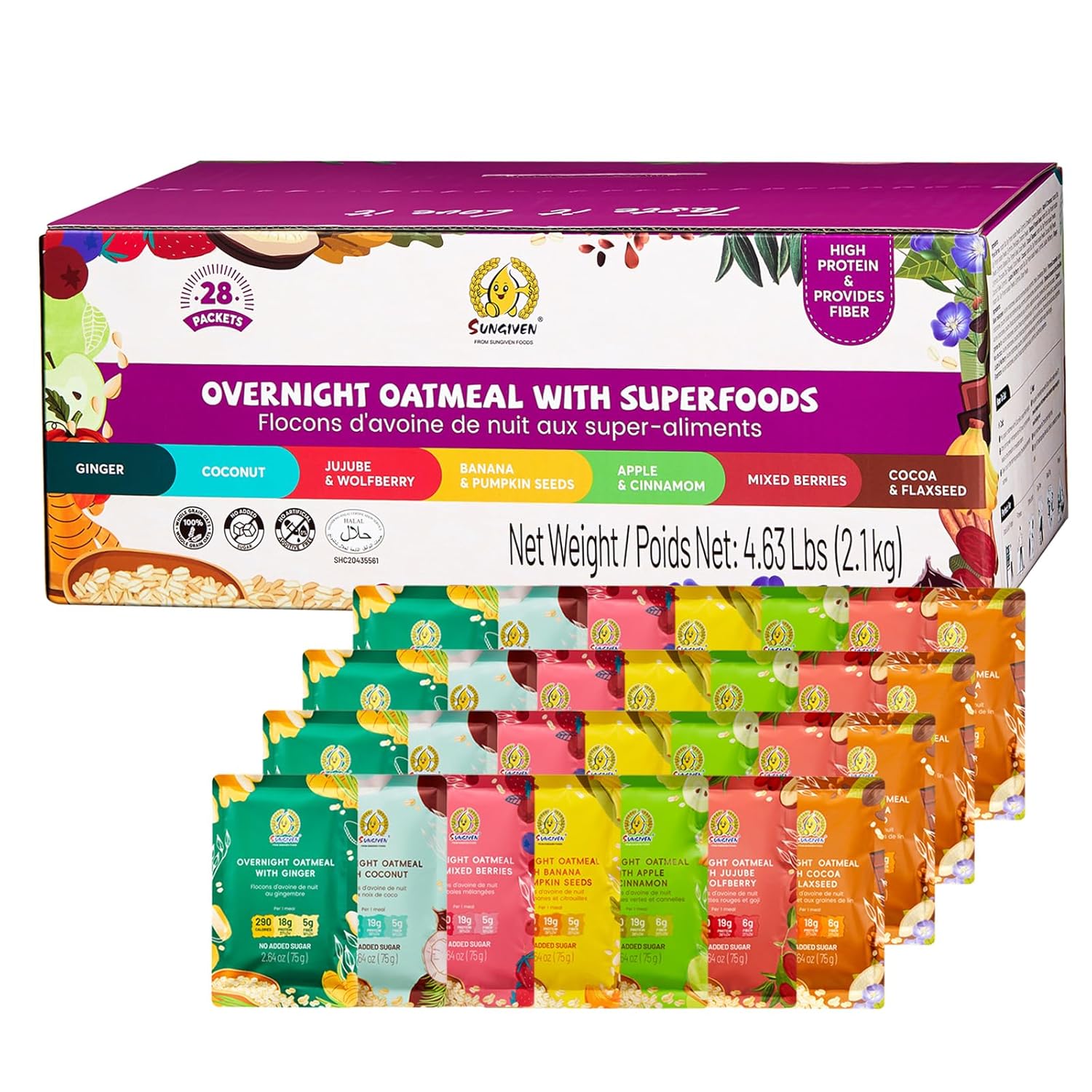 Product image of SUNGIVEN High Protein Overnight Oats Variety Pack with Container - 7 Flavors Low Sugar Keto Instant Health Breakfast Oatmeals with Cinnamon Pumpkin Seed for Gym Office School Trip Kids, 14-Packs, 37oz