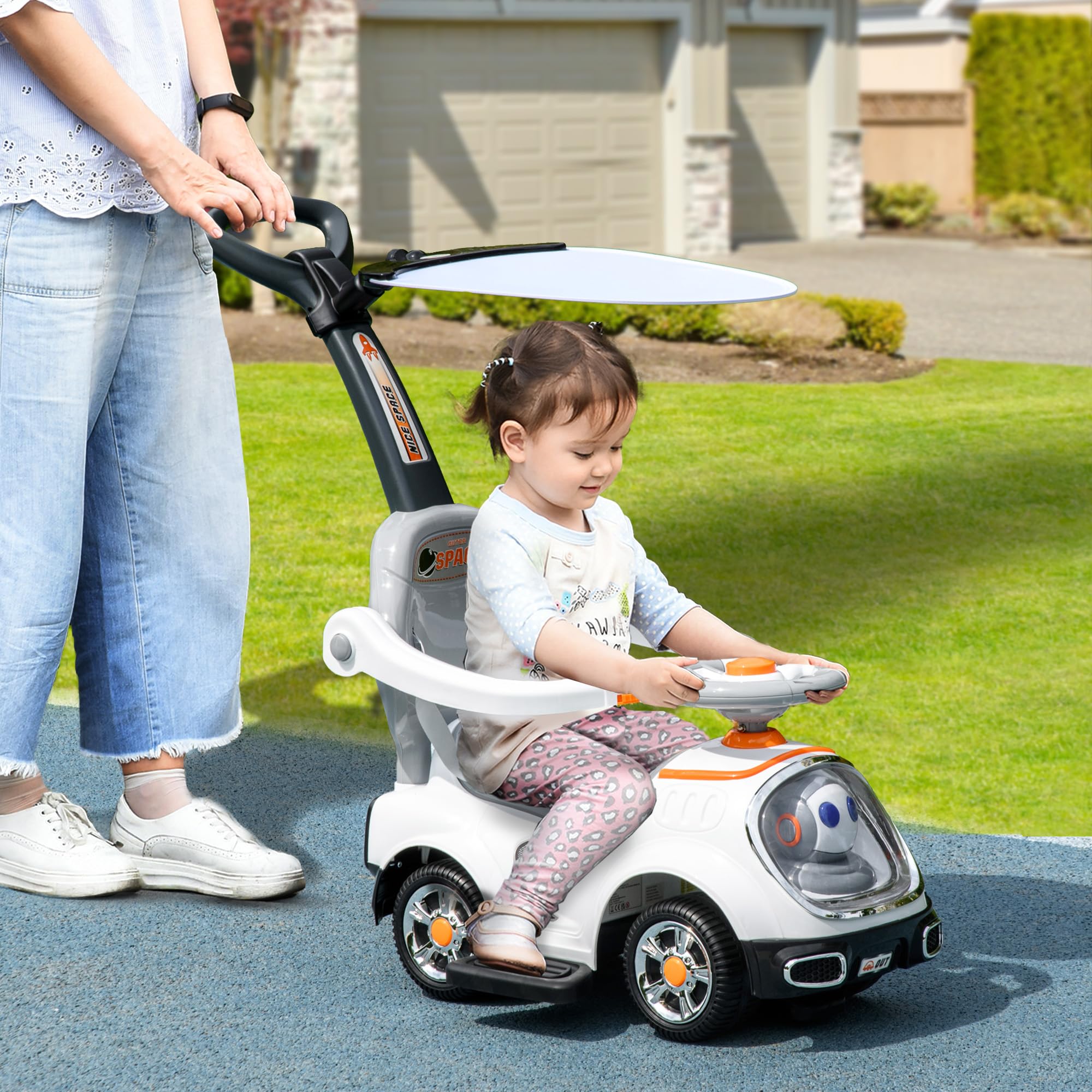 AIYAPLAY 3 in 1 Ride on Push Car, Cartoon Robot Theme Foot to Floor Slider, Baby Push Along Car with Parent Handle - Image 2