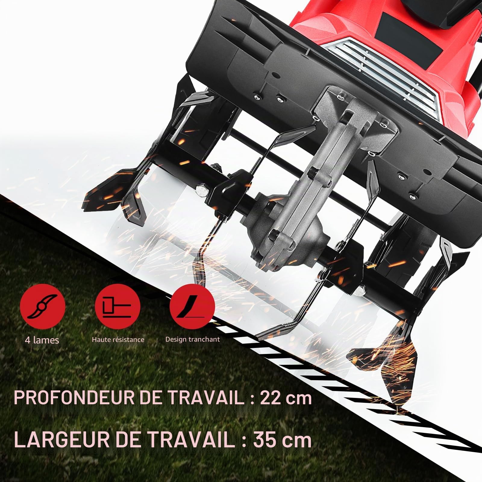 SOARS Motobineuse Electrique Pliable 1200W, Largeur de Travail 36 cm, Profondeur de Travail 22 cm, 4 Fraises, Motoculteur avec Interrupteur de Sécurité (Rouge, 36 x 40 cm, avec Roues, Premium)