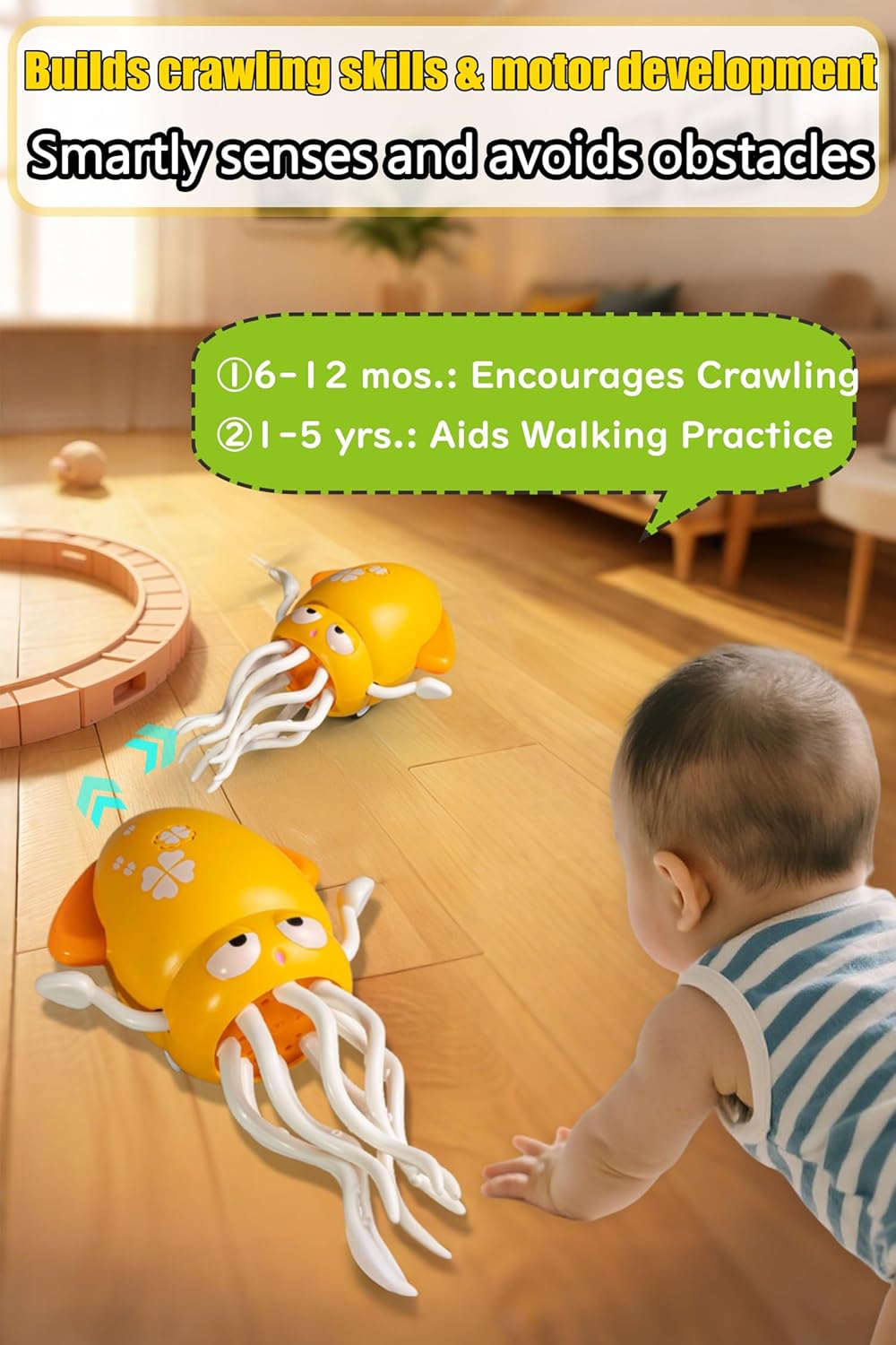 Magic Dancing Octopus Toy with LED Lights & Music – Interactive Crawling & Walking Toy, Auto Obstacle Avoidance, USB Rechargeable, Fishing Game Included – Fun Gift for Kids Ages 3-6 Years (Yellow)