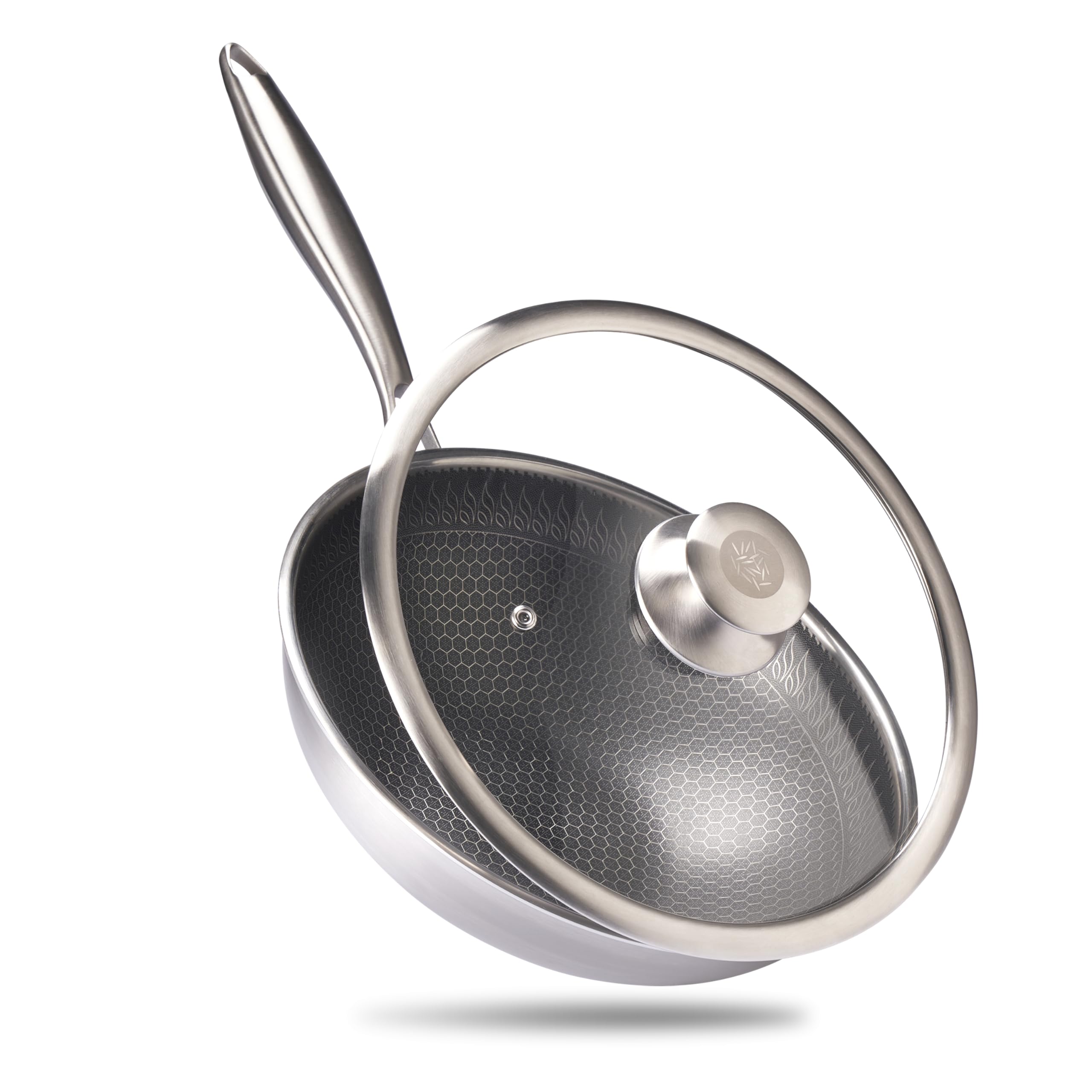 REISHUNGER Wok Premium in acciaio inox, diametro 28 cm, con coperchio in vetro, adatto a tutti i piani cottura, a induzione, struttura a nido d'ape con rivestimento antiaderente