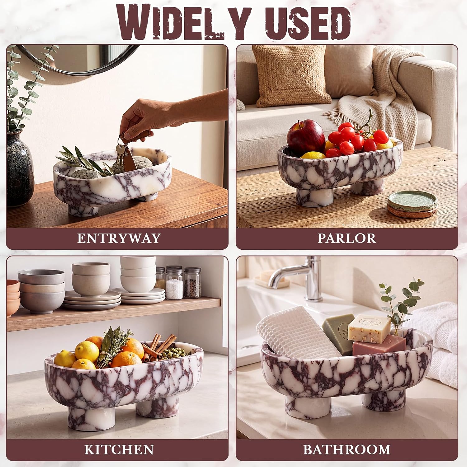 Junkin 10 Inch Natural Calacatta Viola Marble Fruit Bowl for Kitchen Counter, Two Legged Oval Decorative Marble Serving Tray for Dining Table Home Decoration, Luxury Entryway Catchall Stone Organizer