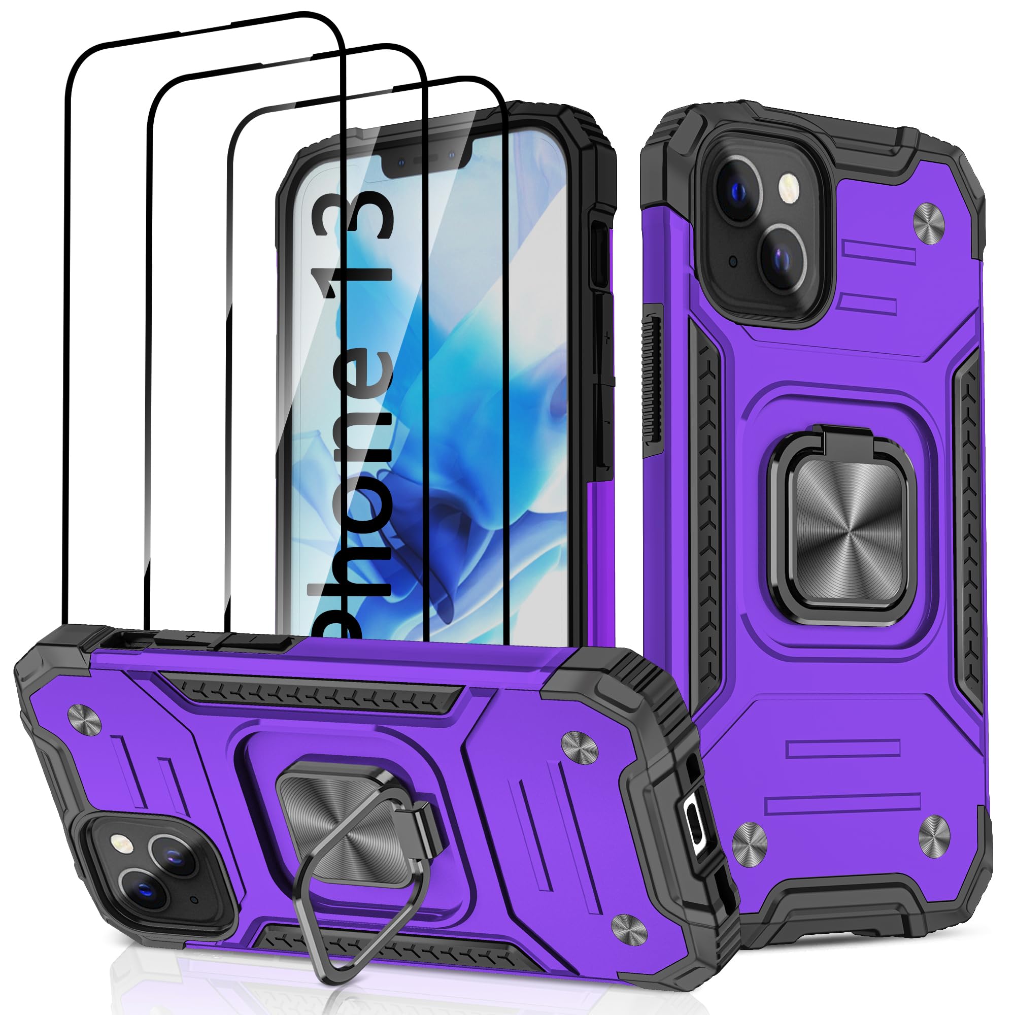 for iPhone 13 Case, Case for iPhone 13 with 3 Pcs Tempered Glass Screen Protector, Military-Grade Built in Magnetic Ring Kickstand Dual Layer Hybrid