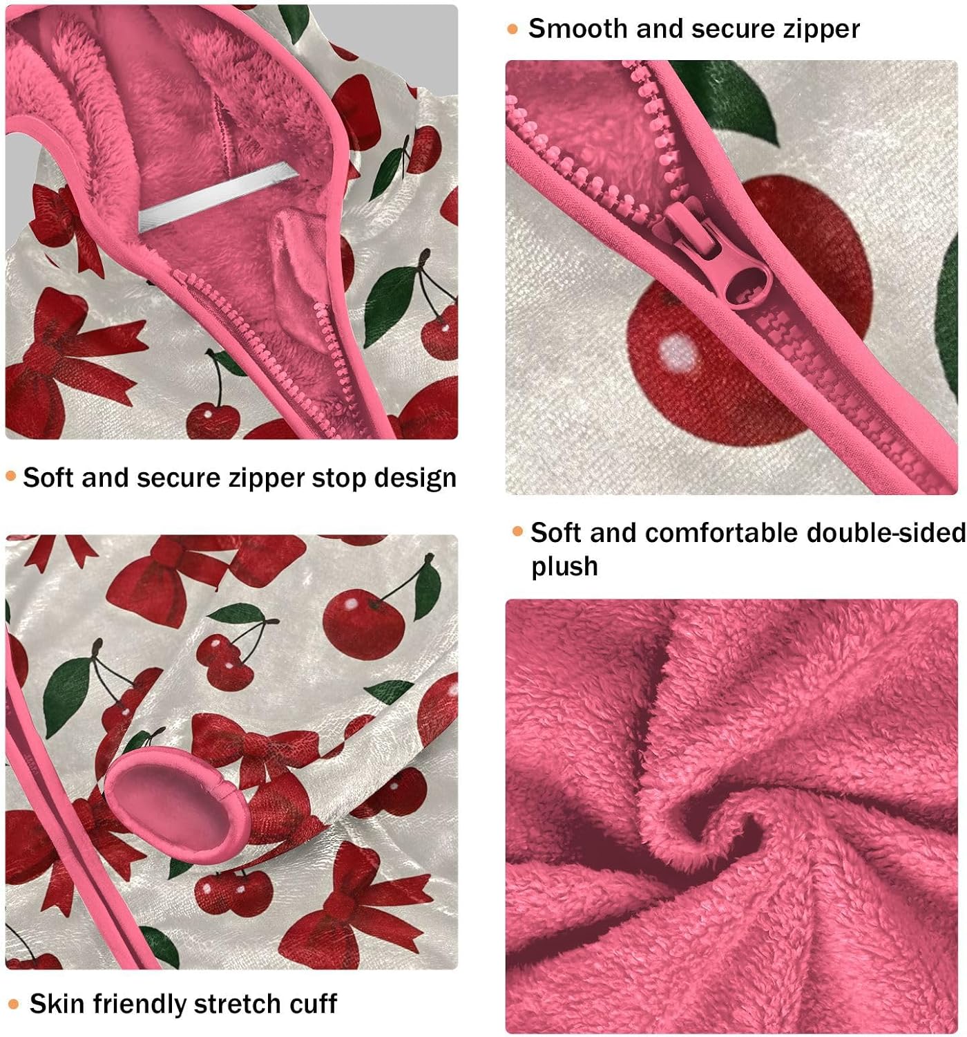 Girls Hoodie Outfit Red Cherry Bow Fruit Pattern Zipper Sweatshirt Coat Fleece Jacket for Kids 3-10T