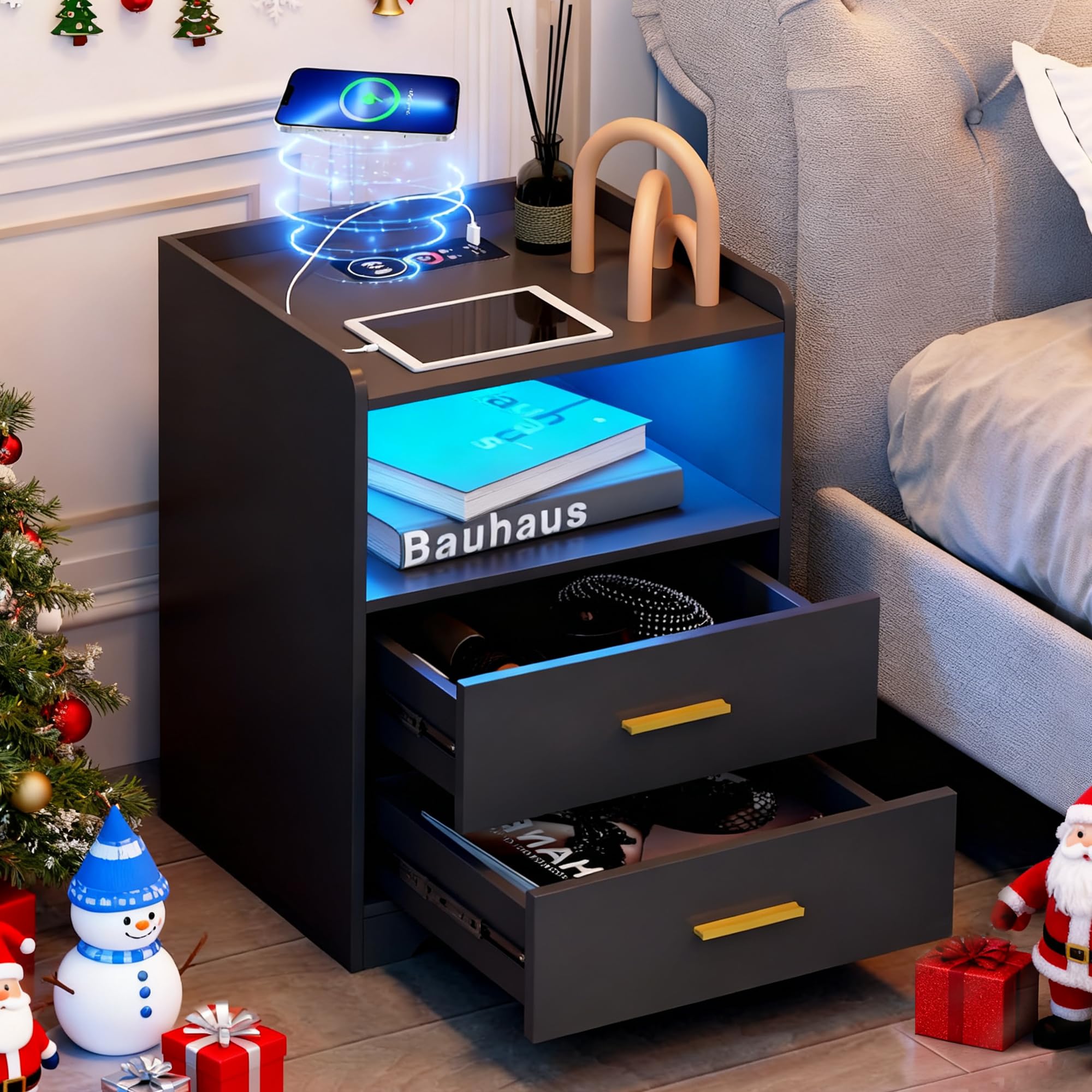 dnbss Black LED Nightstand with Charging Station, Modern Night Stands with 24-Color RGB LED Lights, Smart Lighted Black Bedside Table with 2 Drawers for Bedroom