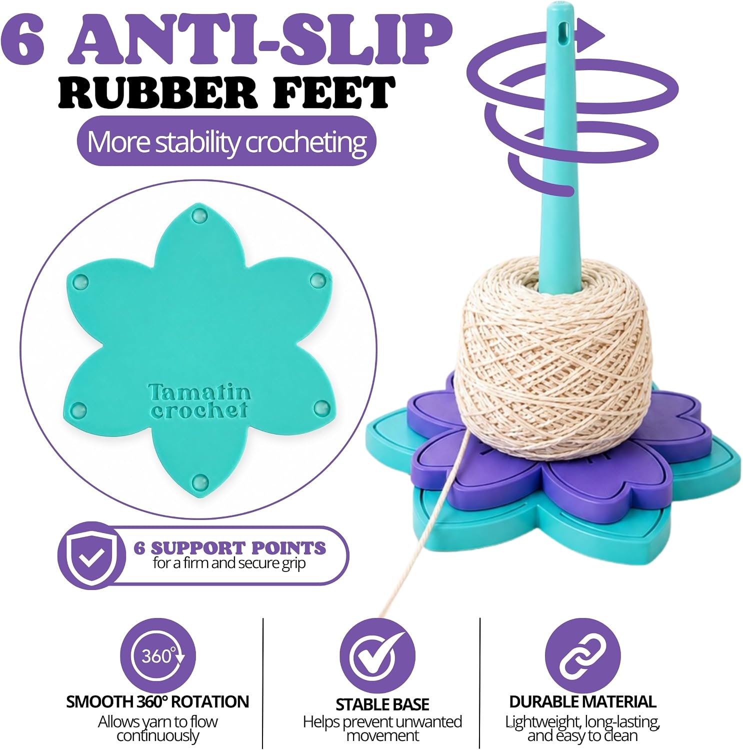 Yarn Holder for Crocheting - 2-in-1 Portable Wrist Holder with Non-Slip Base - Detachable Crochet Knitting Accessory, Stitch Markers Included (Purple)