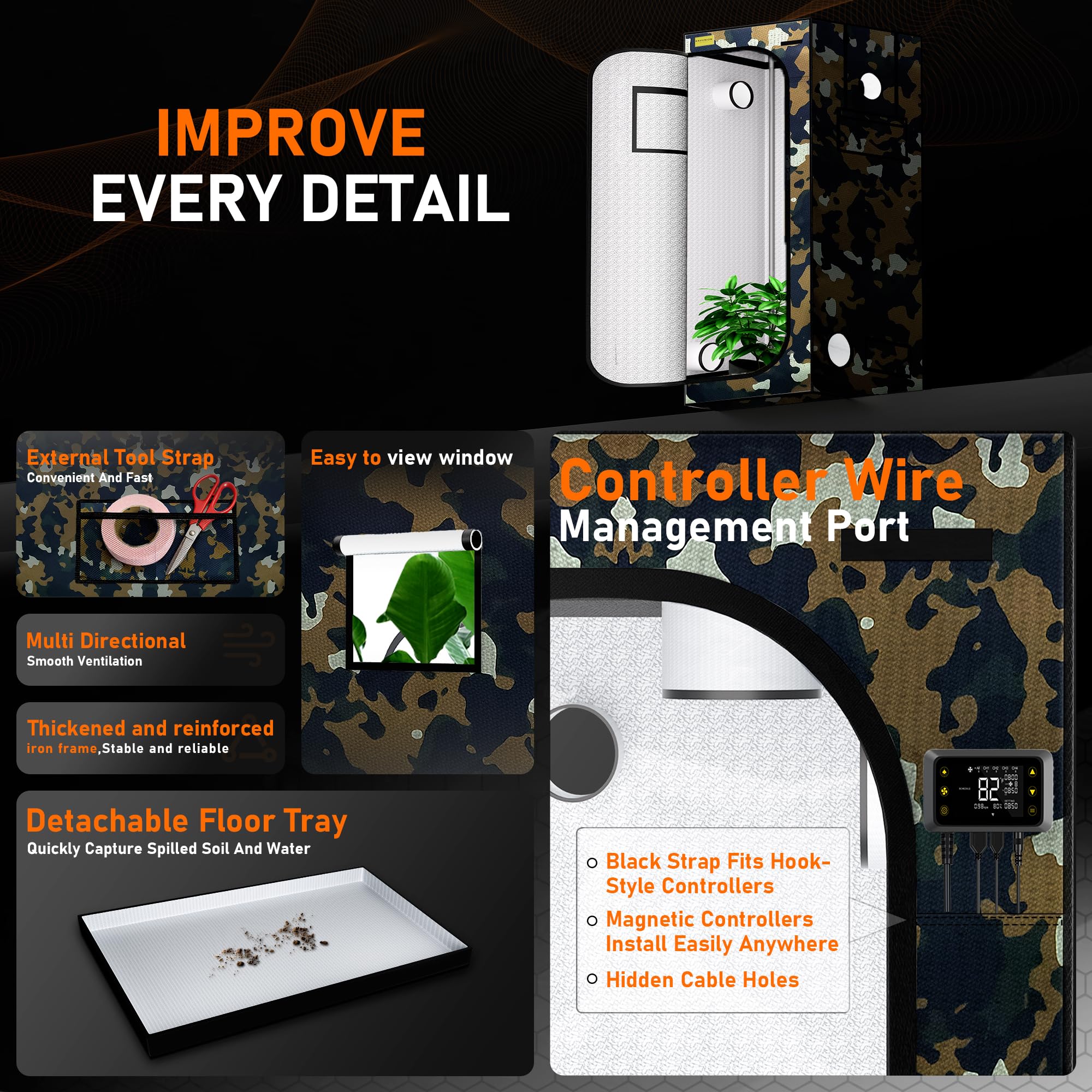 Tienda de campaña de crecimiento de 100 x 100 x 200 cm, camuflaje 600D Oxford Grow Tent con capa reflectante de poliéster, tubos de acero de 19 mm, ventanas de ventilación, suelo extraíble, tienda de