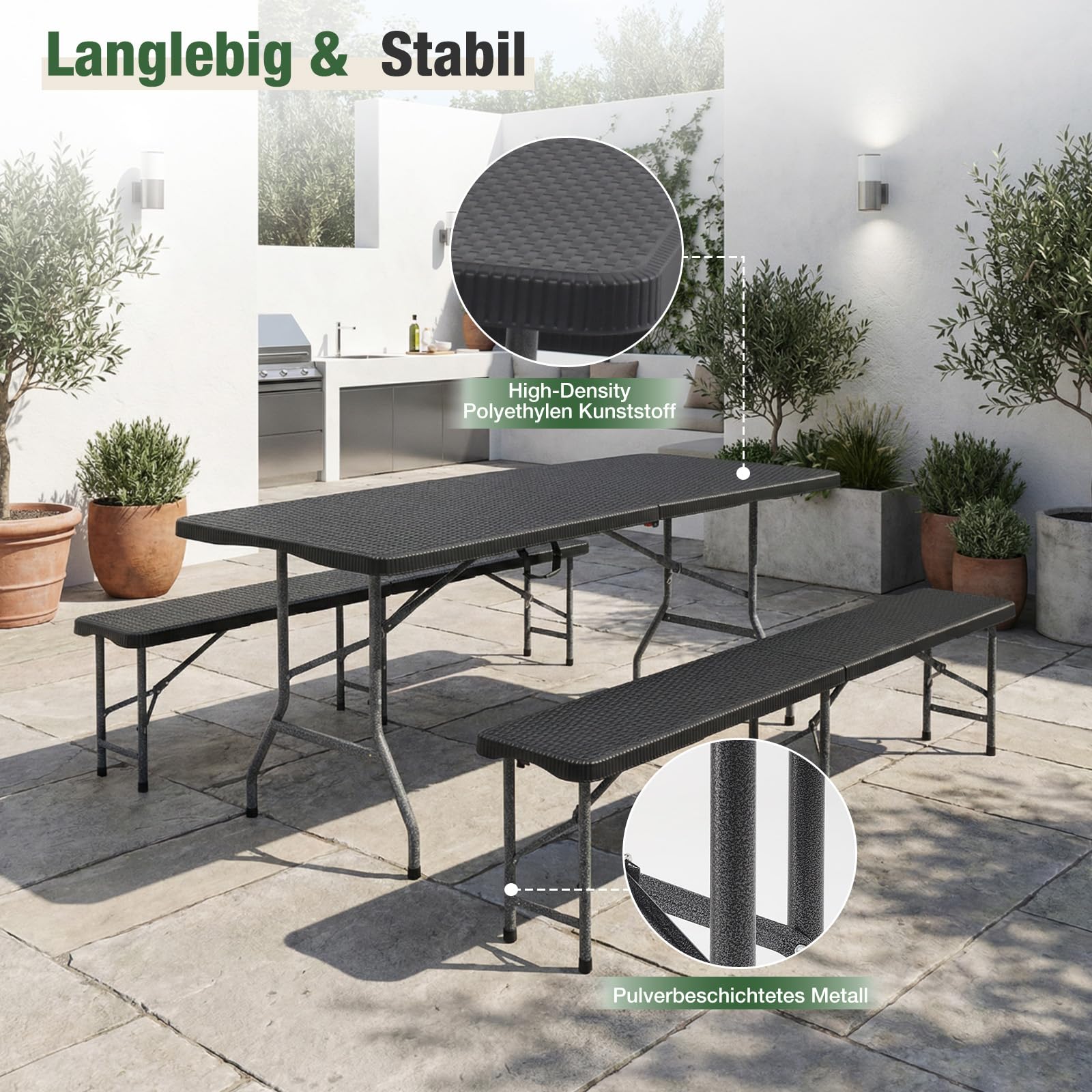 Sekey Bierzeltgarnitur Klappbar, Kunststoff Biertischgarnitur 180cm, 3-teilig Set Tisch + 2 x Bierbank mit Tragegriffe, Gartenmöbel Set für drinnen draußen, Festzeltgarnitur Rattan-Optik (Schwarz)