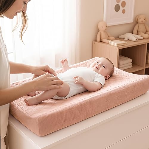 Miniatura 4 de Konssy Juego de 2 fundas impermeables de muselina para cambiador, de algodón acolchado, para cambiadores, suaves para niñas y niños (flores, rosa)