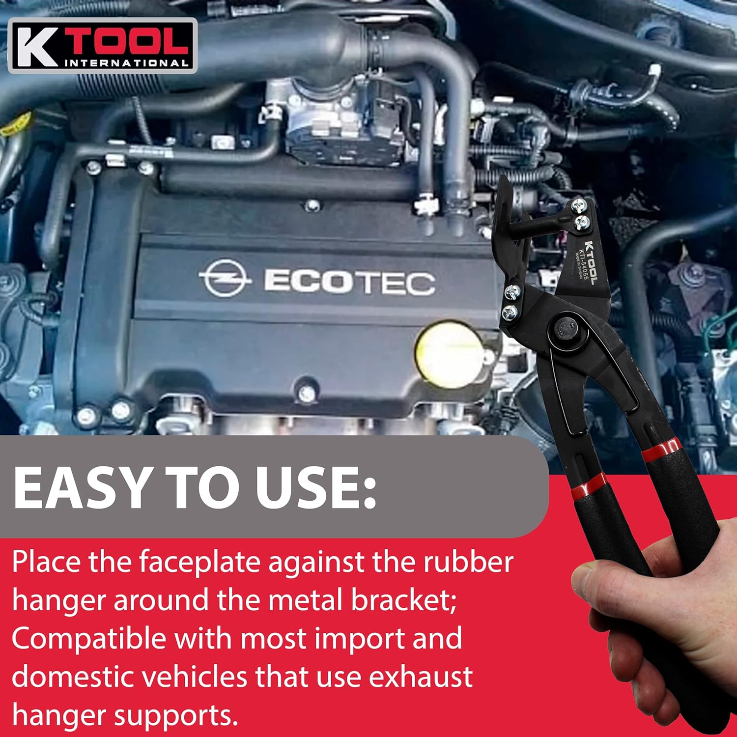 K Tool International 54055 Automotive Exhaust Grommet Pliers for Garages, Repair Shops and DIY, Self-locating Forcing Pin, Cushioned Slip-resistant Handles, 25 Degree Offset, Black/Red