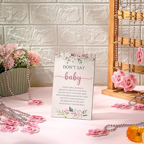 Miniatura 5 de Roowest 51 Don't Say Baby Shower Game Pink Rose Baby Shower Decoraciones Incluidas Cartel de Juego de Rosa Cartel de Mesa de Madera 50 Collares