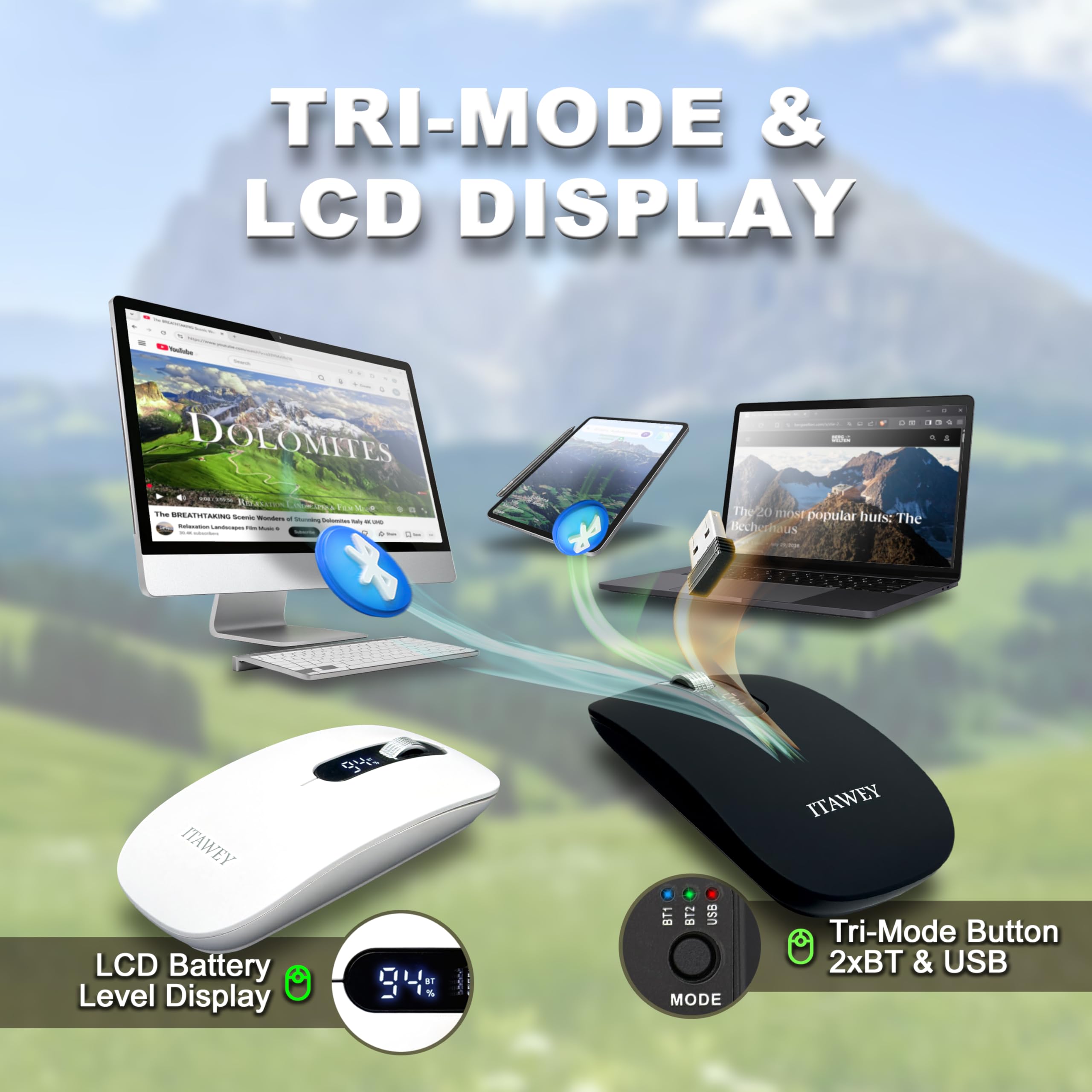 Combo de mouse y almohadilla inalámbricos, con pantalla LCD, triple modo (2 x Bluetooth y 1 x Nano USB), recargable, clics silenciosos, rueda de desplazamiento de acero de alta precisión, 3200