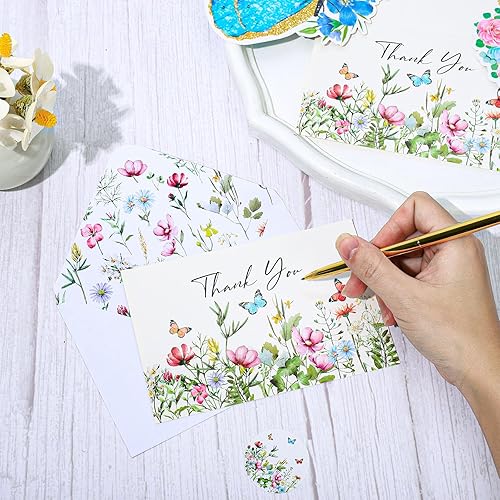 Miniatura 3 de Whaline Paquete de 20 tarjetas de agradecimiento de flores silvestres a granel, tarjetas de felicitación de mariposas con sobres y calcomanías,
