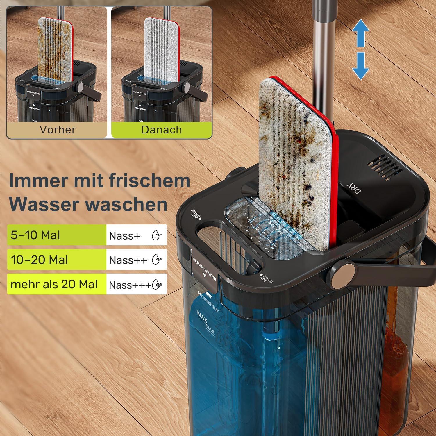 Homettler Transparentes Mopp- und Eimer-Set mit getrennten Behältern für Schmutz- und Sauberes Wasser, 165 cm Langer Flachmopp zur Bodenreinigung, 4 Mikrofaser-Pads für Holz und Fliesen