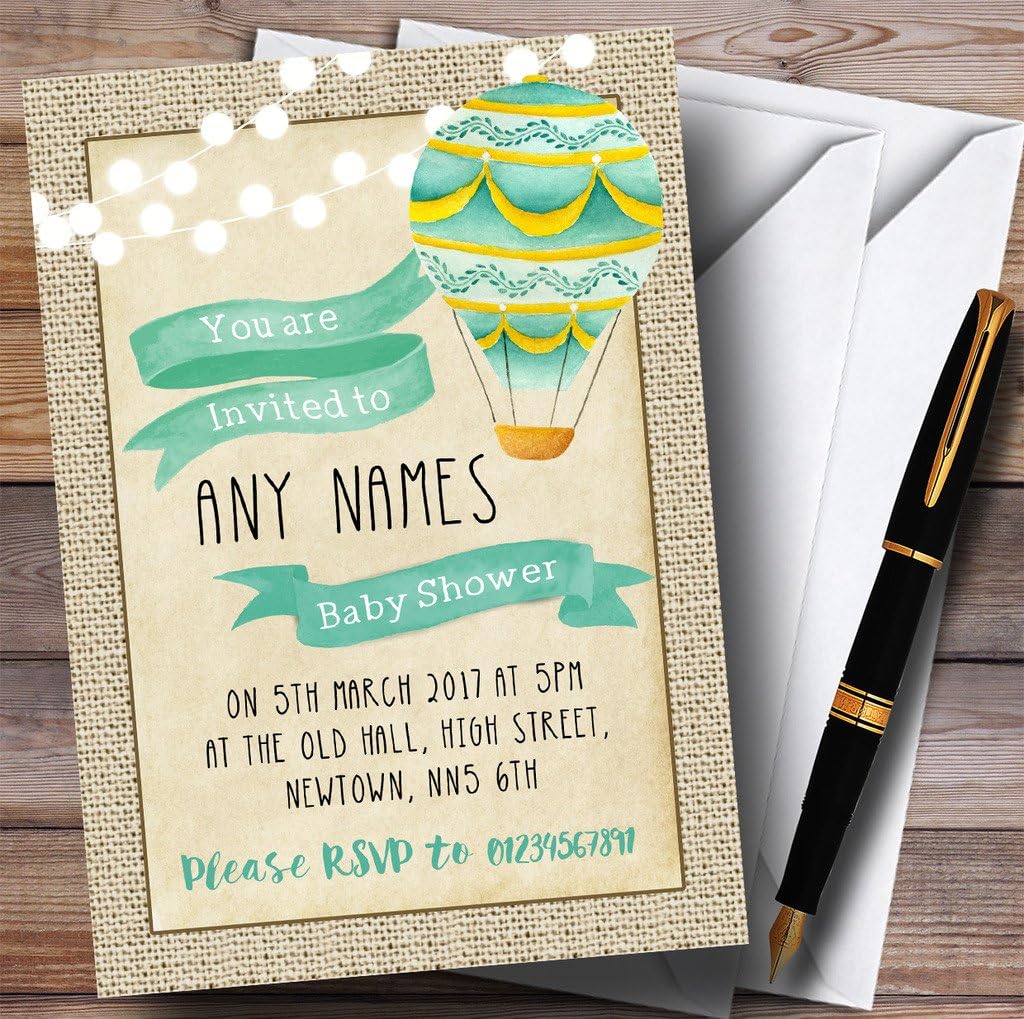 Vintage Burlap Boys Green Hot Air Balloon Invitations Baby Shower Invitations