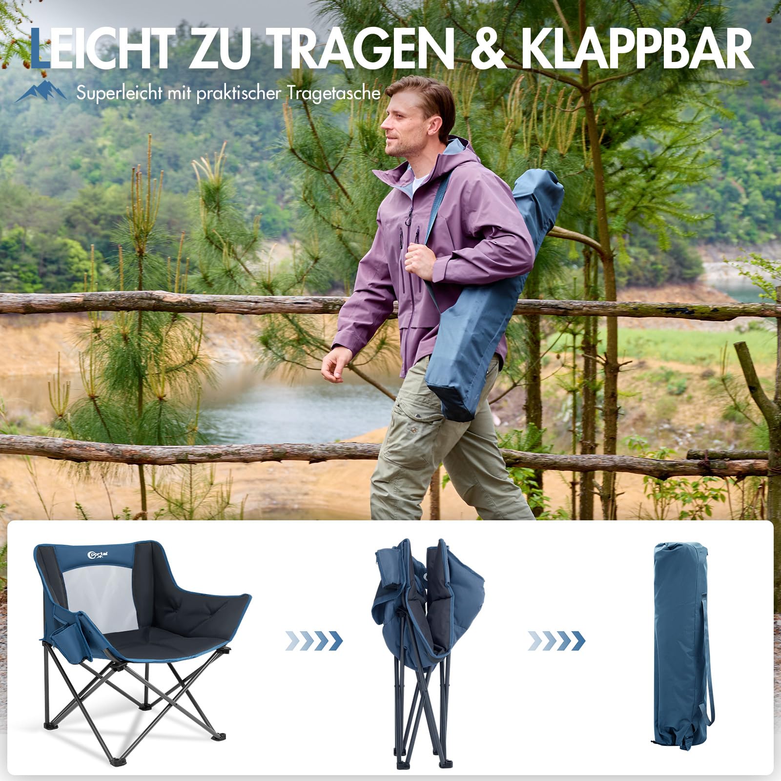 Portal Campingstuhl Faltbar Klappstuhl Camping Klappbar Super Weich 150kg Belastbar Faltbarer Angelstuhl XXL mit Armlehnen