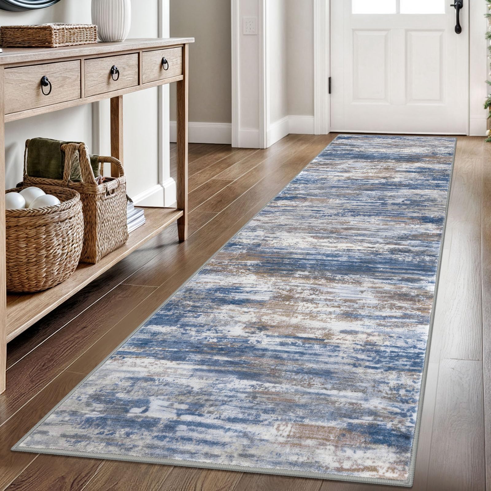 KOZYFLY Modern Abstract Hallway Runner Rug, 2.6x8 Washable Rug Runner Non-Slip Soft Striped Kitchen Runner Rugs, Print Blue Rust Carpet Runner for Entryway Bathroom Laundry Room Foyer — image 1