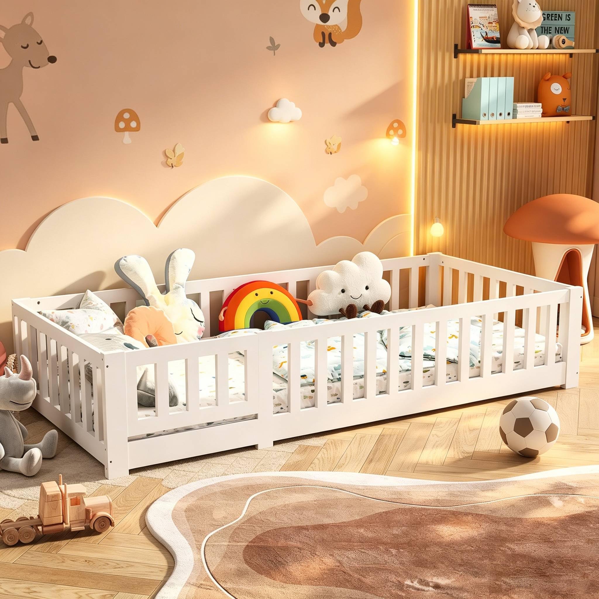 Lettino Montessori per bambini 90 x 200 cm con Protezione Anticaduta,Cama Suelo con Barandilla de Seguridad,Camas para Niños y Niñas,Telaio in Legno Massello di Pino,Bianco
