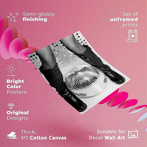 Miniatura 2 de Arte de pared vintage de los años 70 con diseño de bola de discoteca en blanco y negro, botas de vaquera, pósteres de lienzo estético para