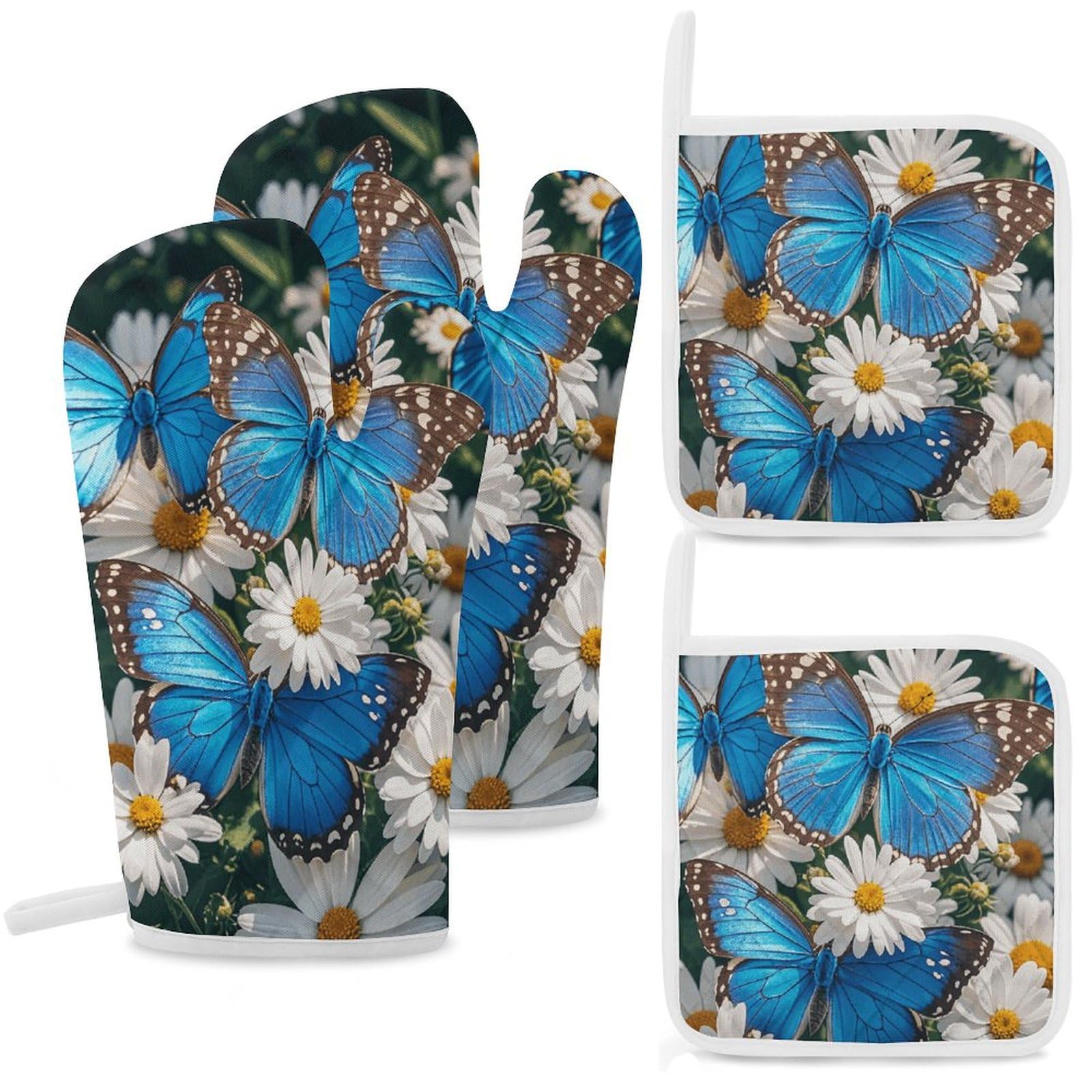 Gants de cuisine motif papillons bleus pour manipuler les plats chauds du four