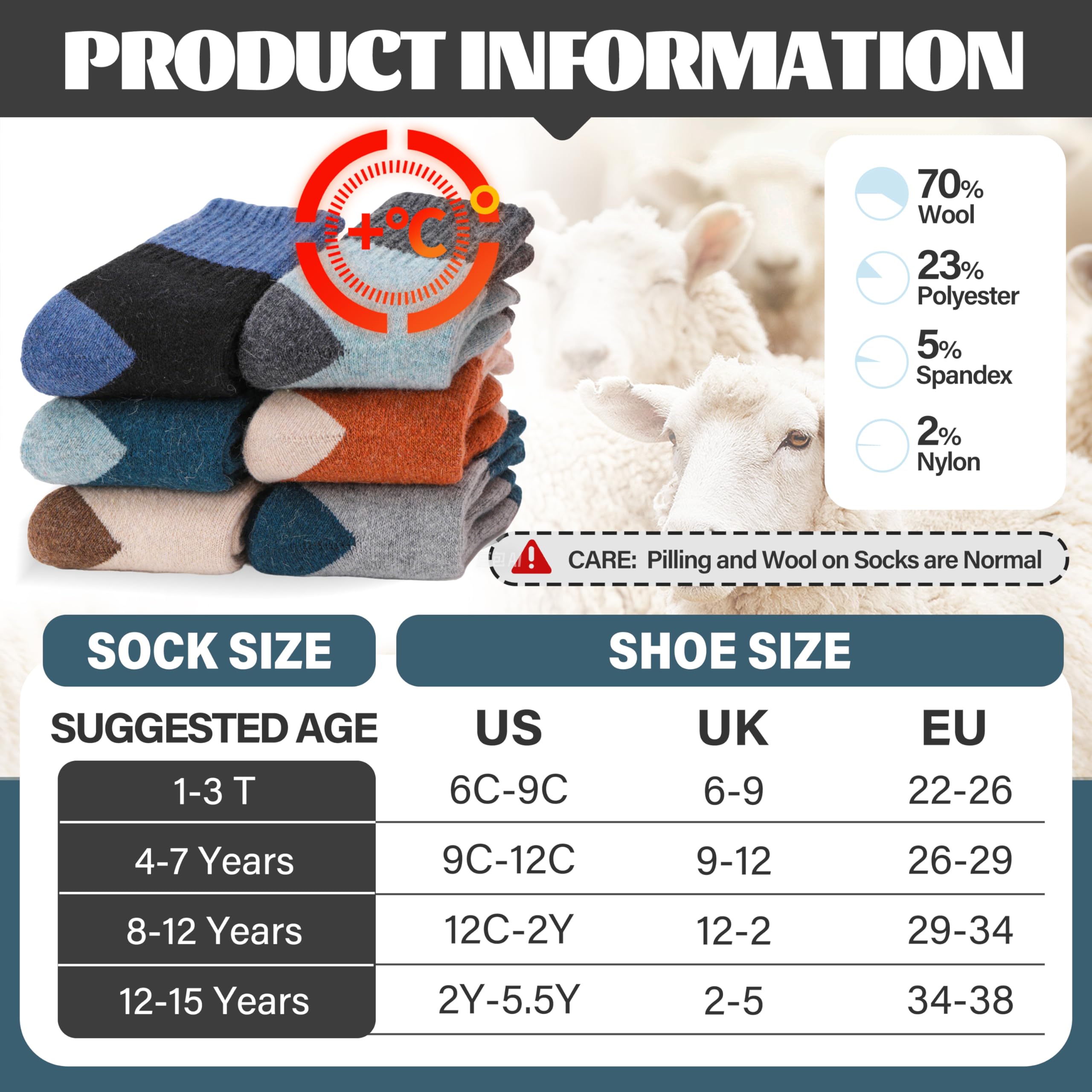 Anlisim Kinder Merino Wandersocken Jungen Mädchen Wolle Socken Warme Sportsocken Dicke Thermosocken Trekking Wintersocken Socken Kinder Weihnachtssocken Geschenke 6 Paare(Spleißen,8-12 Jahre)