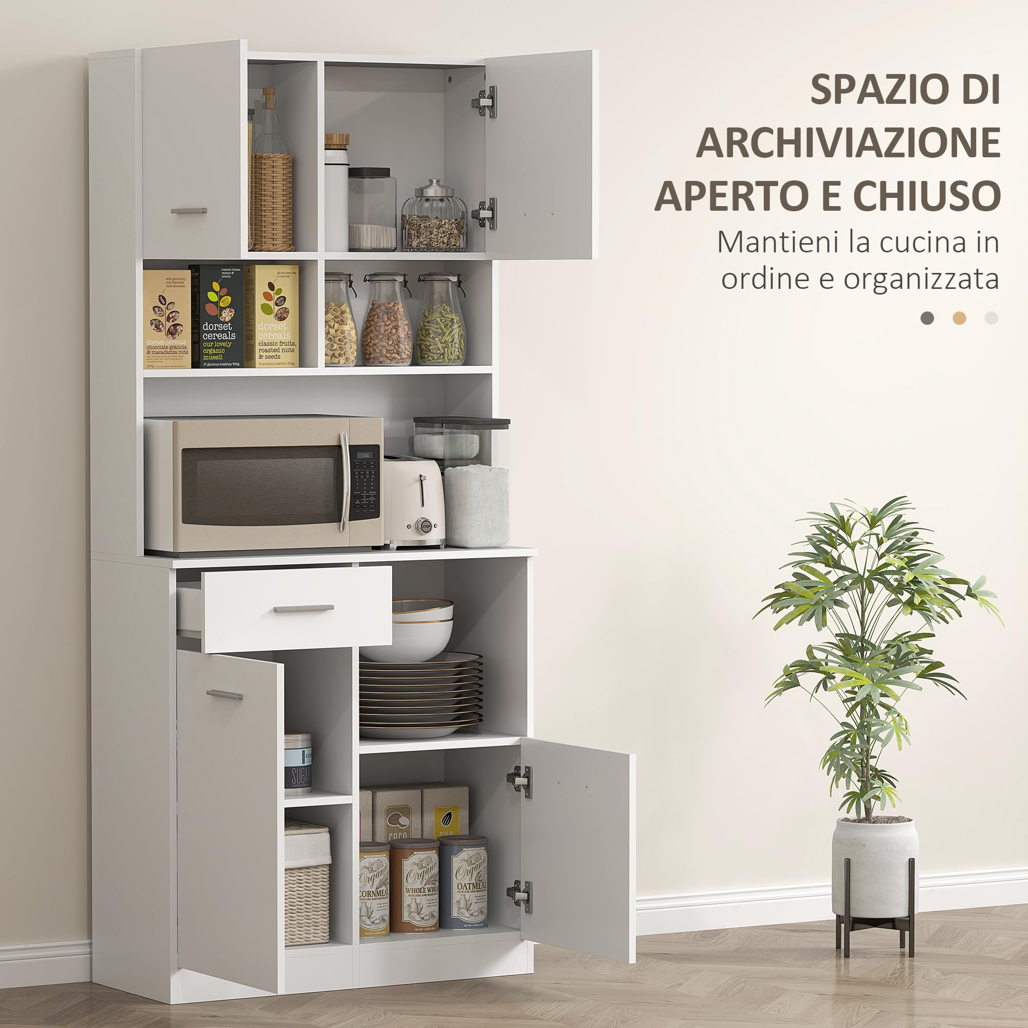 HOMCOM Credenza Cucina Alta con Cassetto 4 Armadietti 80x35x180 cm Bianco | 3 Scomparti Aperti, Mobile Dispensa, Ripiano Regolabile in Legno, per Soggiorno e Cucina