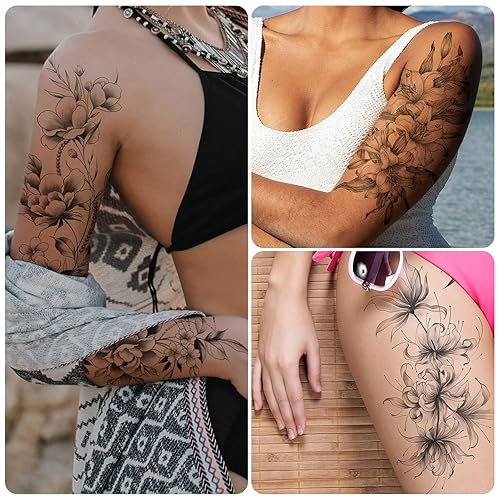 Miniatura 4 de EMOME 12 hojas de tatuajes temporales sexys para mujeres, flores de medio brazo, manga de tatuajes falsos, calcomanías de tatuaje realistas para