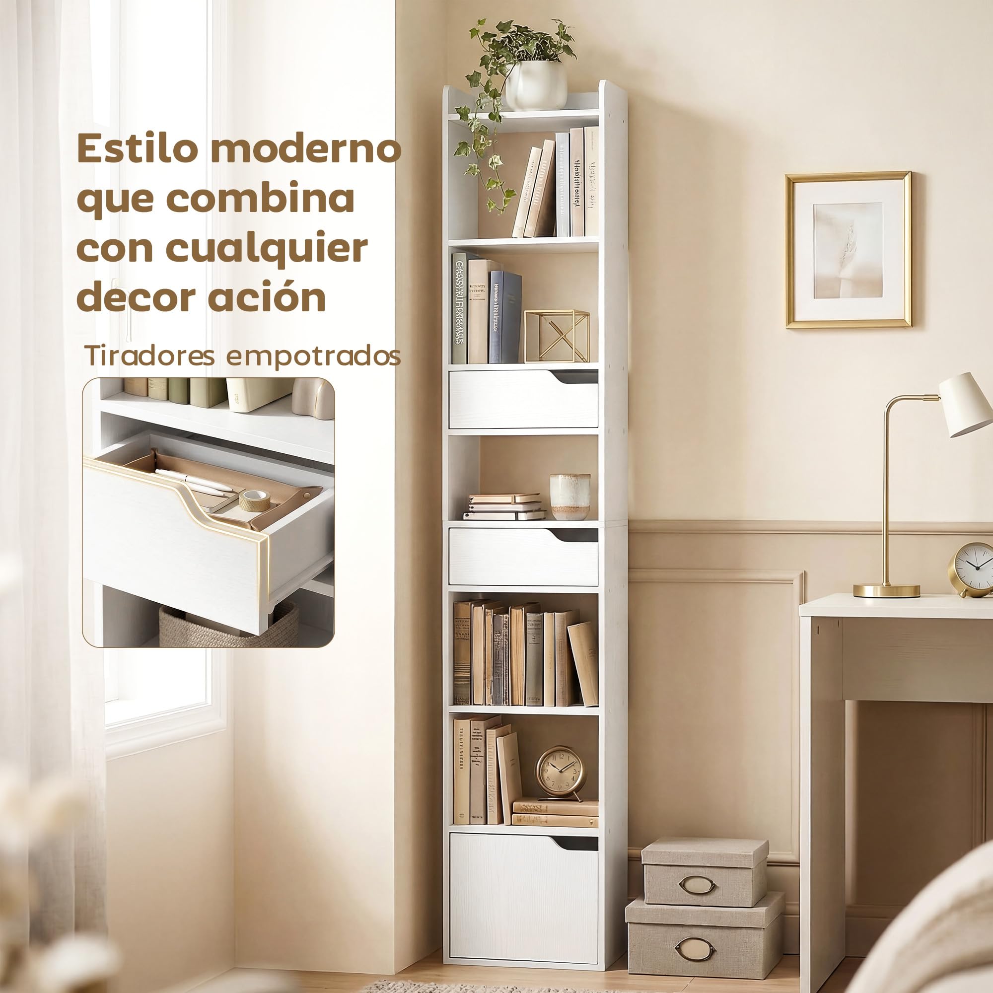 HOMCOM Estantería para Libros con 2 Cajones y Puerta 32x24x181,5 cm Blanco | Librería Estrecha, 6 Estantes Abiertos, Armario Alto, Salón, Estudio, Oficina