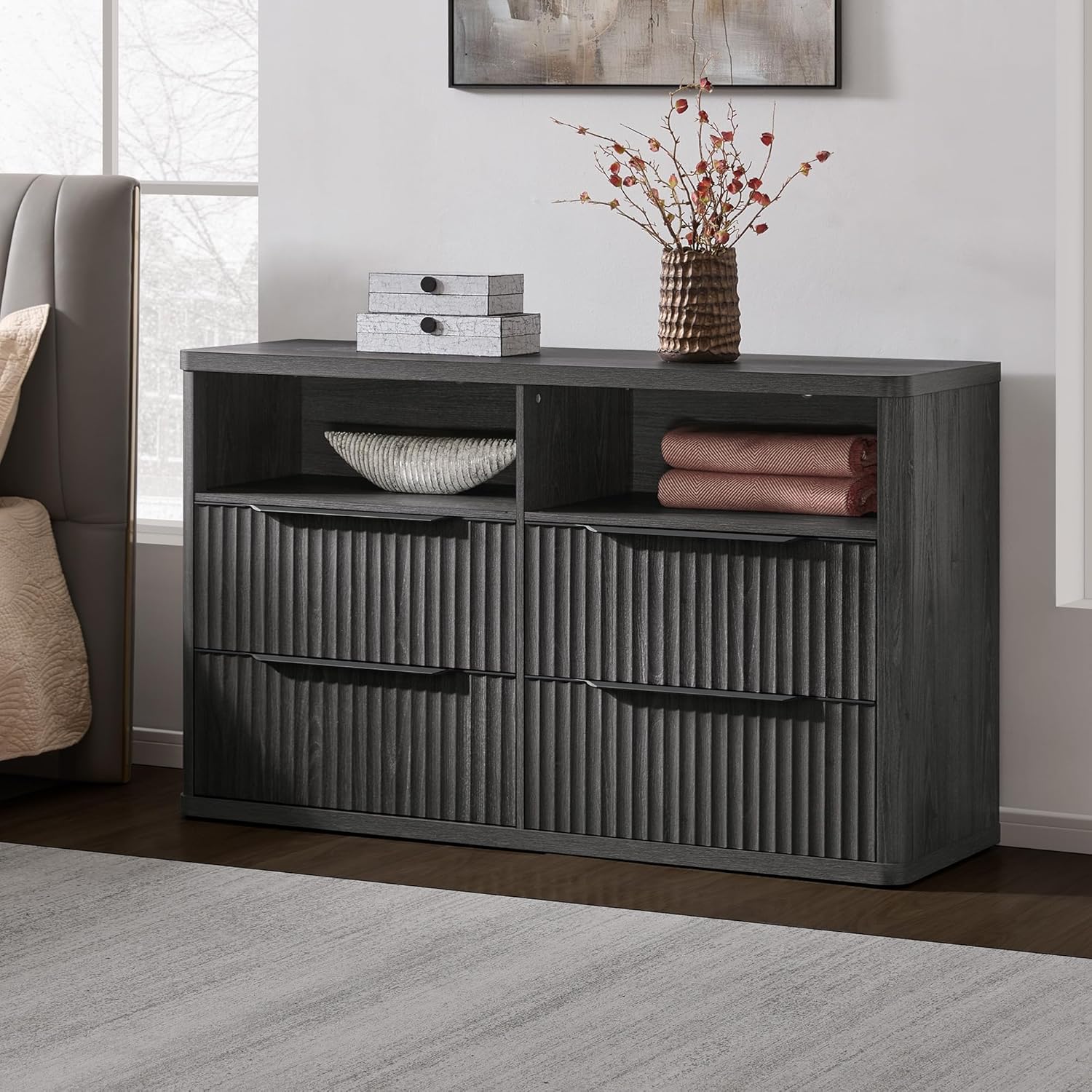 SICOTAS Dresser for Bedroom - 56.5" Wide Dressers & Chests of Drawers with 4 Drawers Large Modern Dresser for Closet with Open Shelf Fluted TV Stand Clothes Closet Storage for Bedroom Hallway Entryway