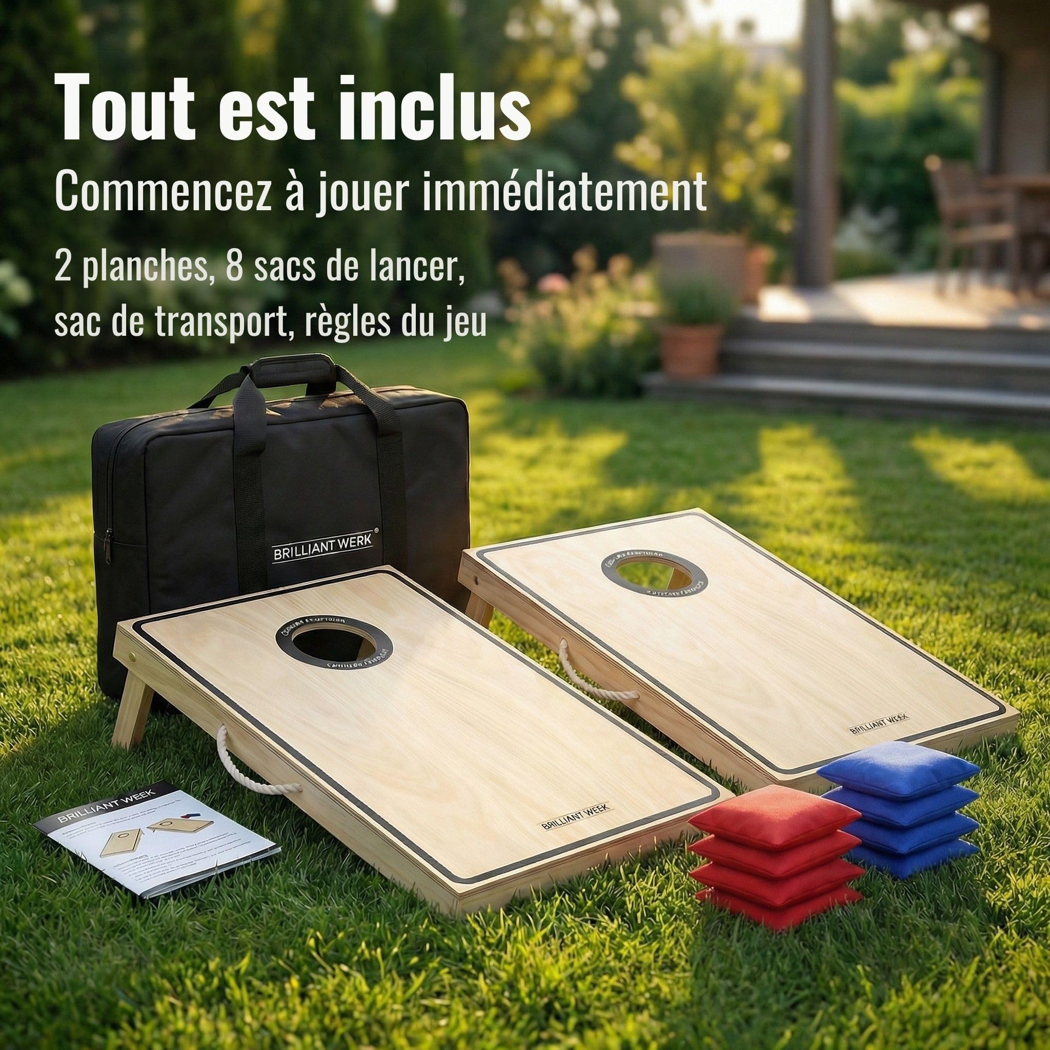 Briliantwerk® Cornhole – Set Complet Officiel en Bois avec 2 Planches, 8 Sacs & Housse | Jeu de Lancer extérieur pour Adultes & Enfants – Idéal Jardin & Plage
