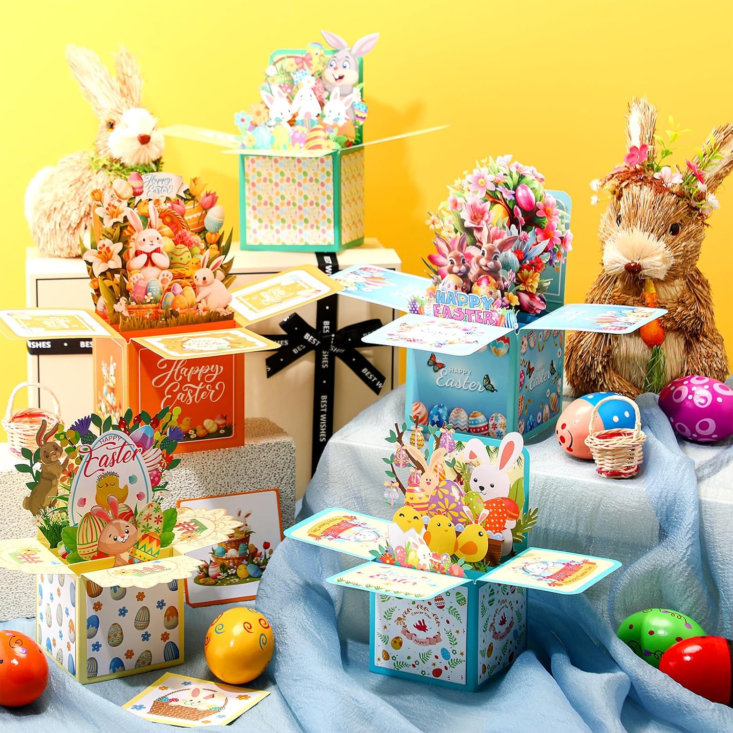 Spakon 5 Pcs Easter Pop up Cards 3D Happy Easter Eggs Bunny Basket Chicks Flower Greeting Card with Blank Note Card and Envelope Spring Festive Gift for Kids Children Family Friends