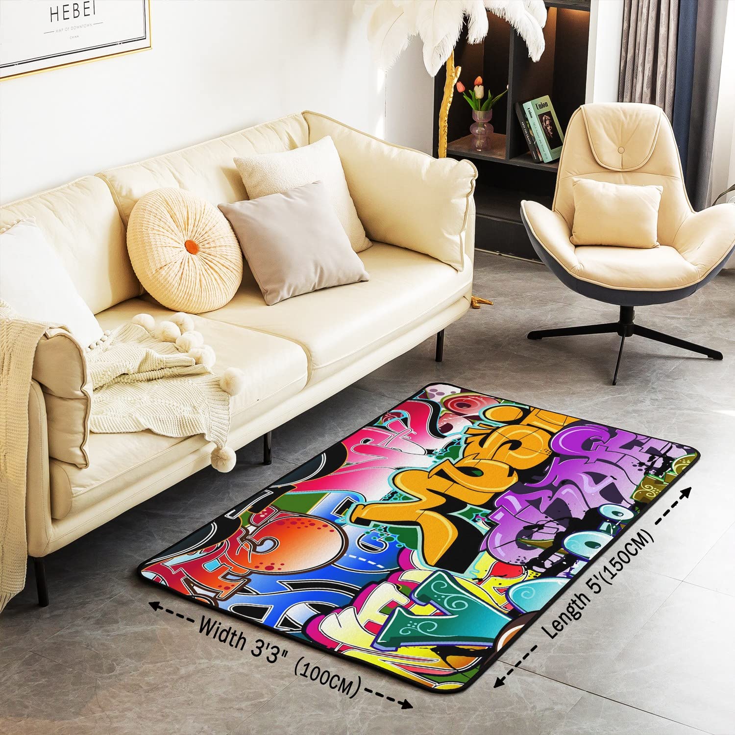 Loussiesd Tappeto stile hippie graffiti, stile hip hop, tappeto decorativo per soggiorno camera da letto, graffiti, grafica, cultura di strada, grunge, tappeto decorativo, 100 x 150 cm