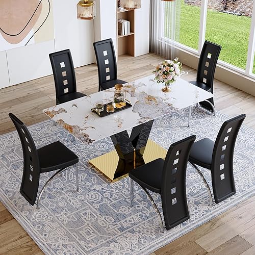 Miniatura 16 de Juego de mesa de comedor de 71 pulgadas para 6, moderno juego de mesa de comedor para 6, mesa de comedor de mármol con 6 sillas de comedor de piel
