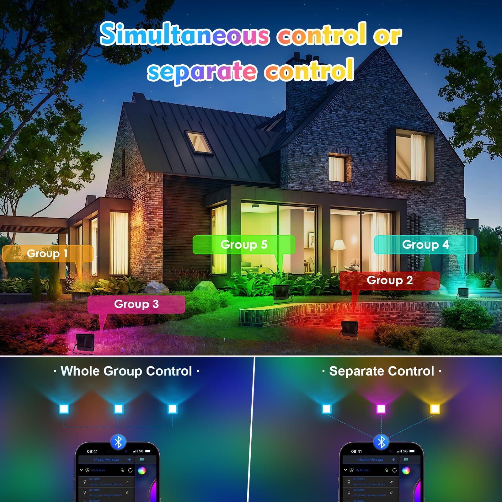 Outdoor RGB LED Spotlight 50 W, Faretto Led Rgb, IP66 Waterproof Dimmable Projector with Bluetooth App and 2.4 G Remote Control for Garden, Party, Halloween（2PC)