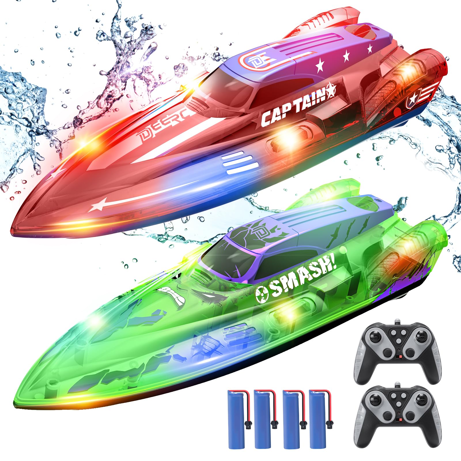 DEERC 2 Pack 13 inch Remote Control Boat for Kids, 4 Batteries, 2.4Ghz RC Racing Boat with LED Lights for Pools and Lakes, Summer Water Toy Gift for Boys 8-12