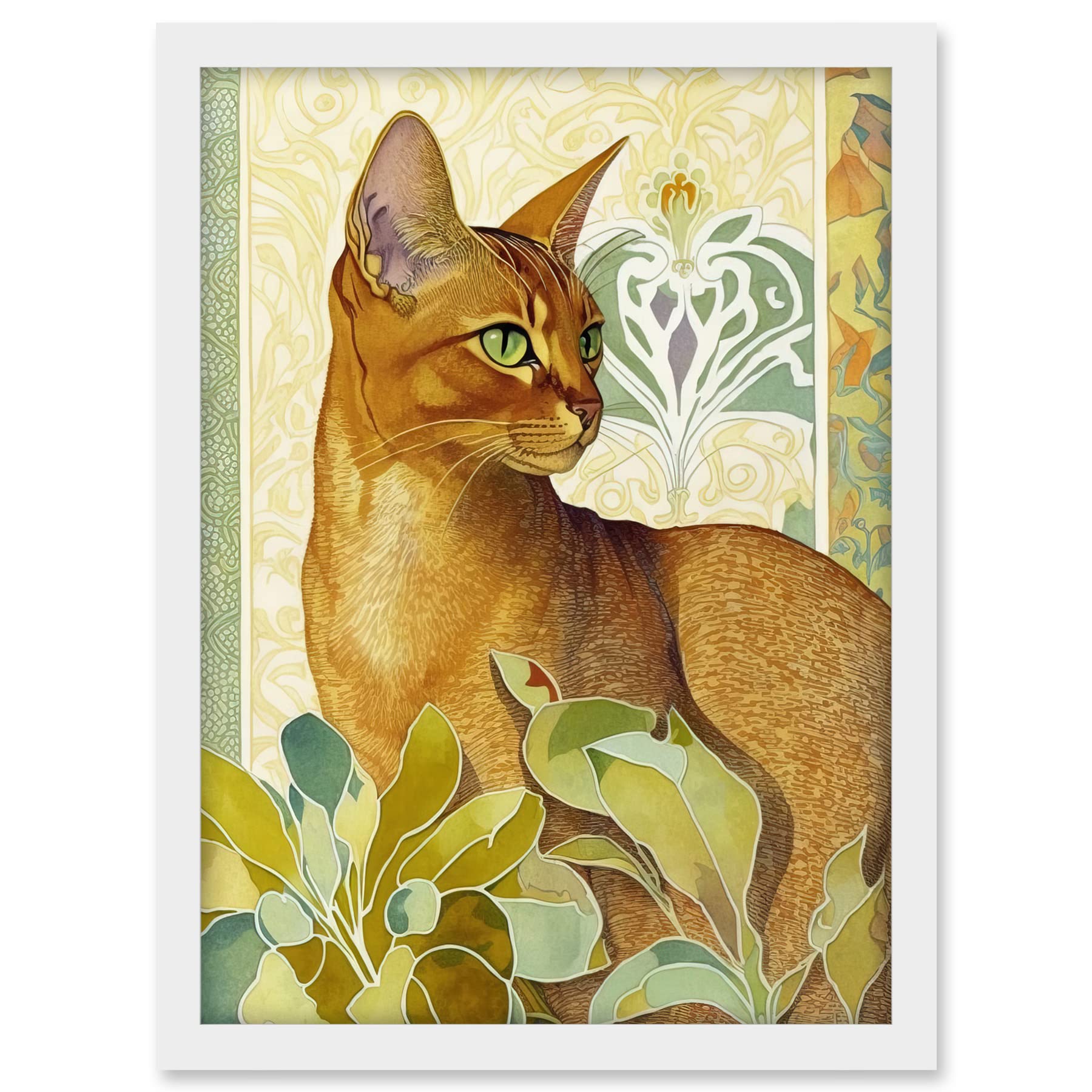 Artery8 Abyssinian Cat with Plants Art Nouveau Bright Modern Watercolour Illustration Artwork Framed A3 Wall Art Print