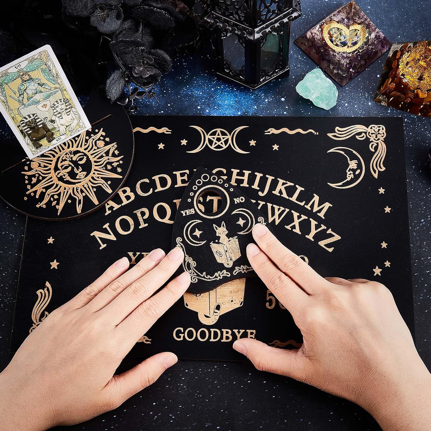 CREATCABIN 3Pcs Wooden Divination Board Set Tarot Card Stand Holder Cat Sun Tarot Card Altar Stand Spirit Board Kit with Planchette Black Rectangle Card Display Rack for Witch Accessories Supplies image 4