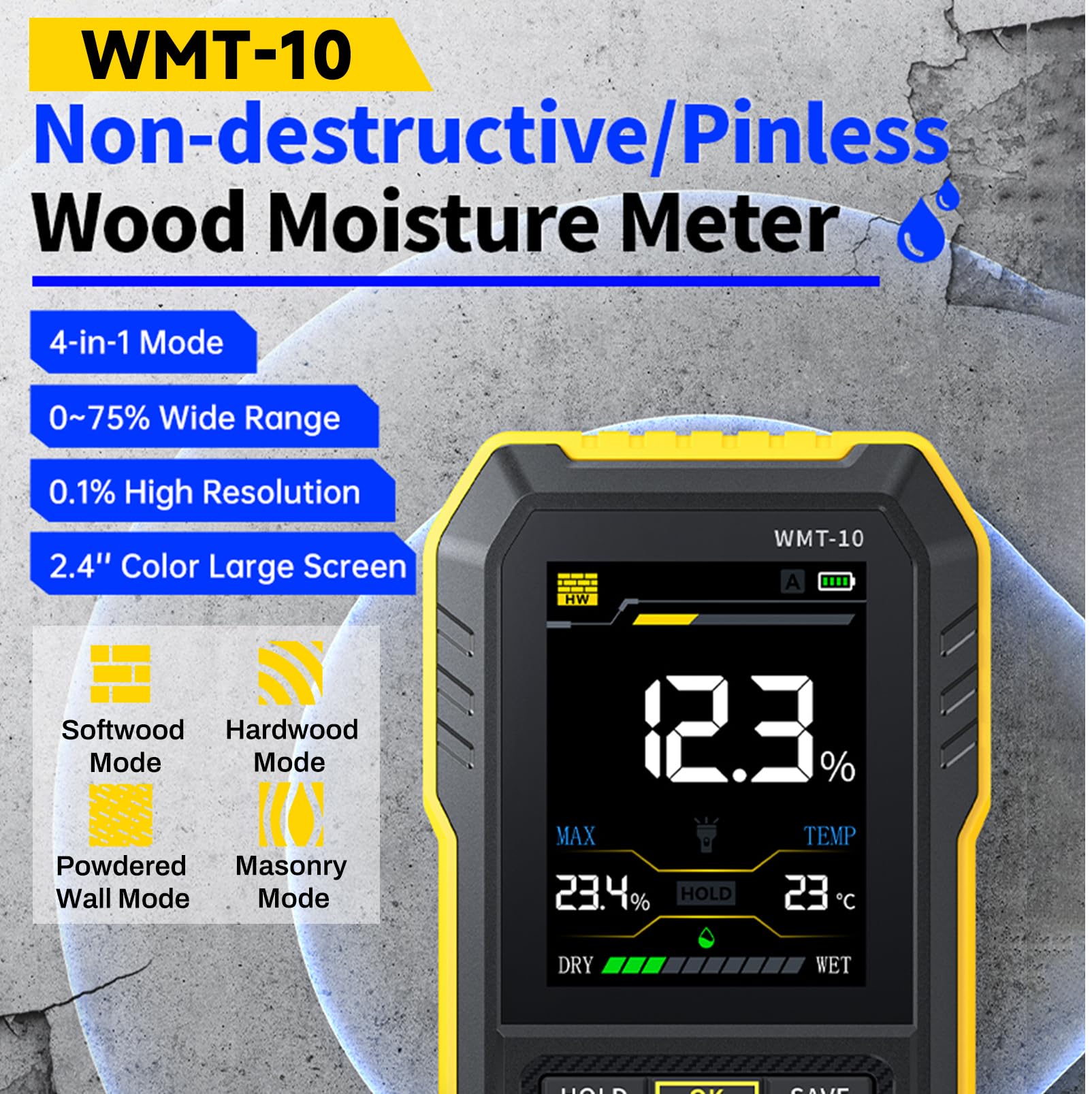 DeWin WMT-10 Humidimètre for Bois, Testeur d'humidité for Bâtiment en béton de Bois, Prise en Charge de la Sauvegarde et de l'enregistrement des données