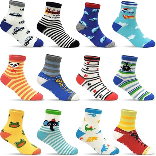 Tphon 12 pares de calcetines antideslizantes para niños pequeños con agarre parte inferior antideslizante, calcetines de algodón antideslizantes