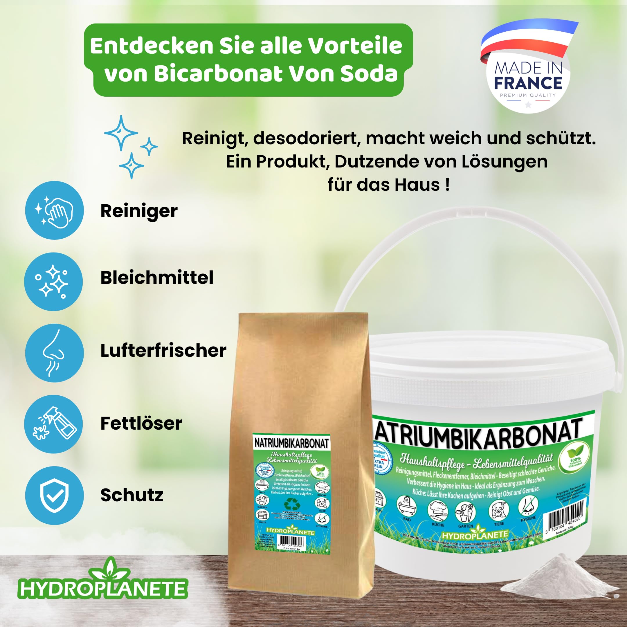Bicarbonato Sódico Multiusos - Polvo para la Alimentación y el Hogar - Sin Aditivos y 100% Natural - Fabricado en Francia - Disponible de 1kg a 20kg - Hydroplanete