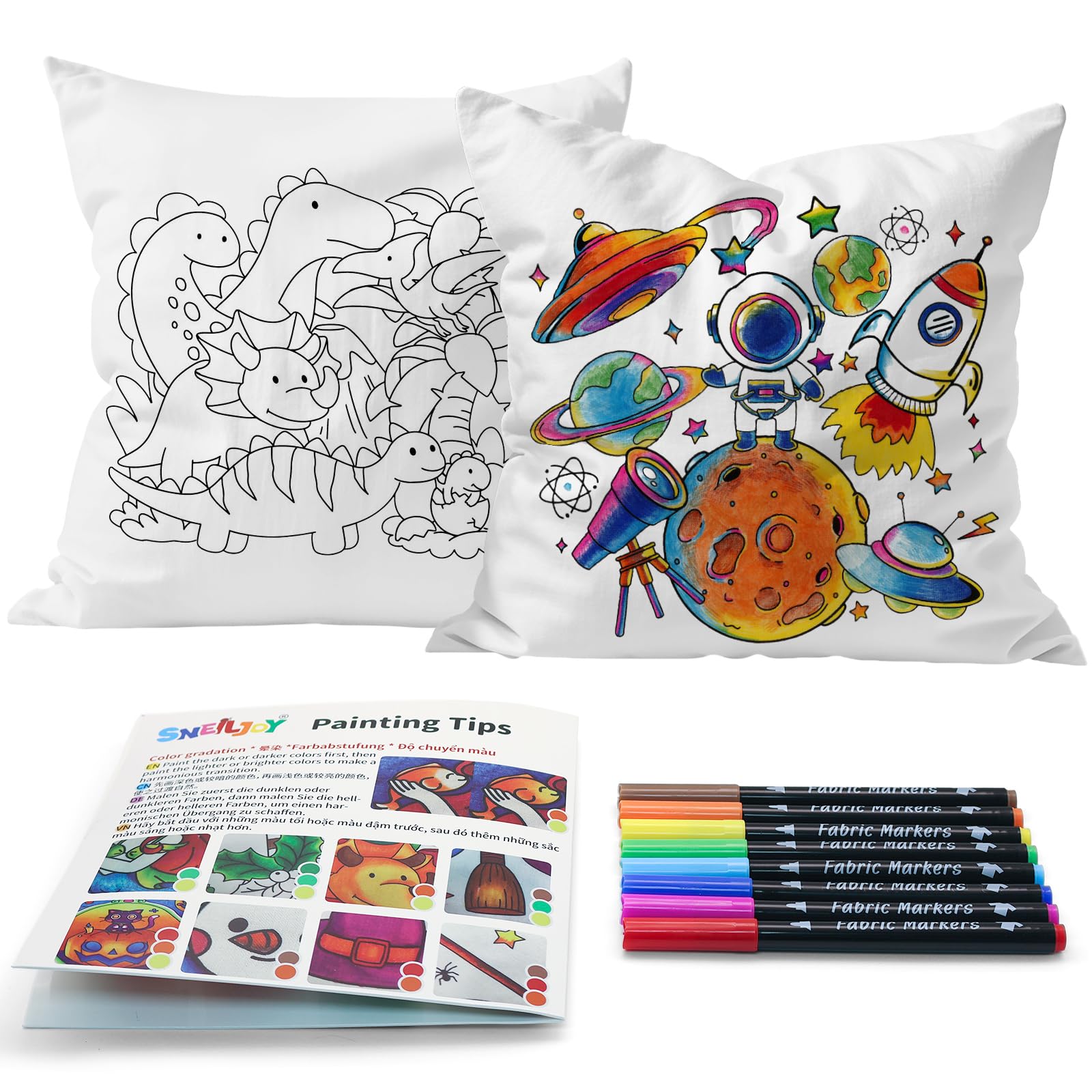 SNEILJOY Kids Fabric Art Kit with 2 Pillowcases (Dinosaur & Space) & 8 Non-Fading Markers, 15.5x15.5 in, Craft Kits for Boys Ages 5-7