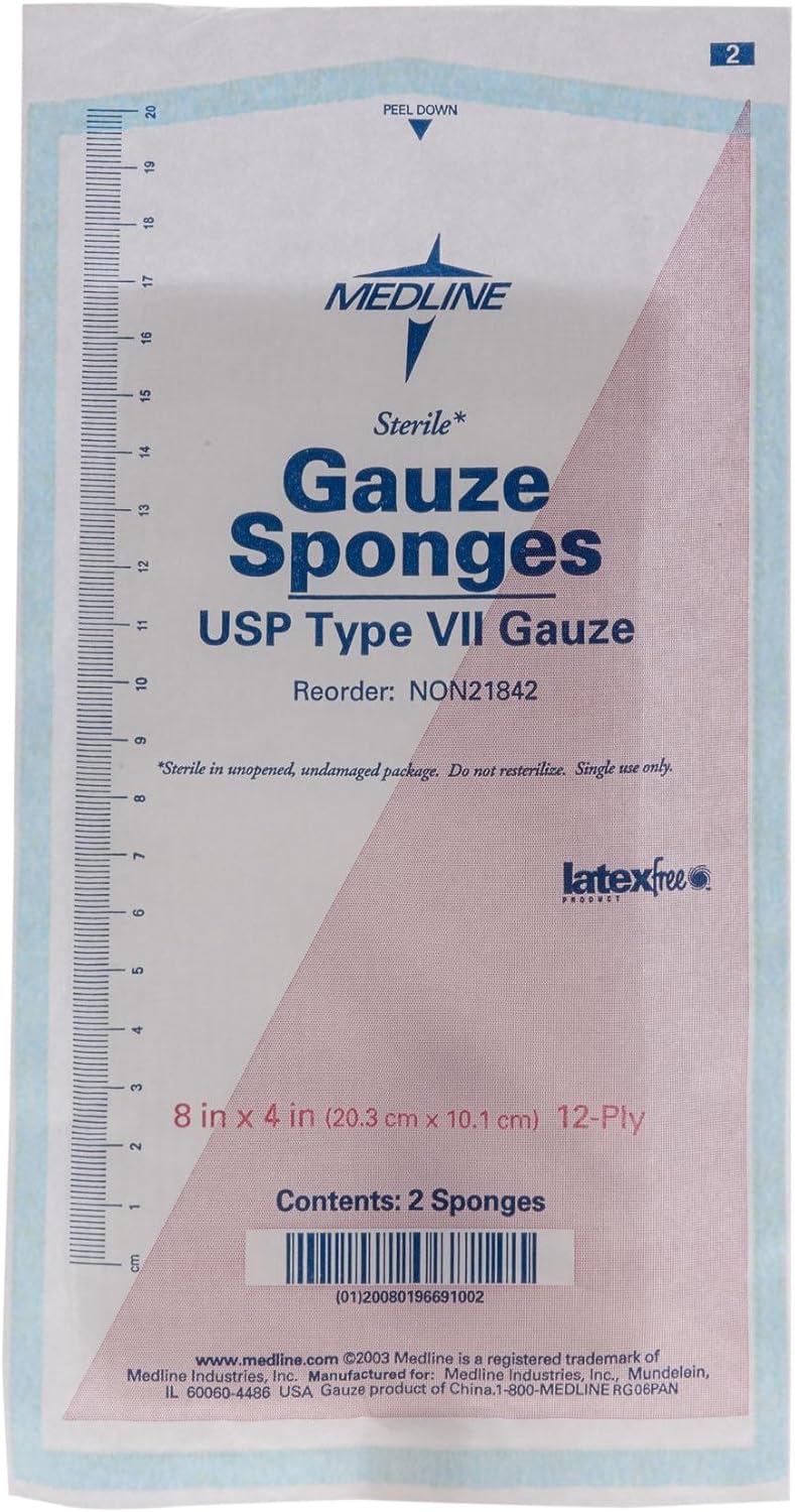 Medline Sterile 100% Cotton Woven Gauze Sponges, 8" x 4", 12-Ply, Ideal for Wound Dressing and General Cleaning, 2/Packs, Pack of 500