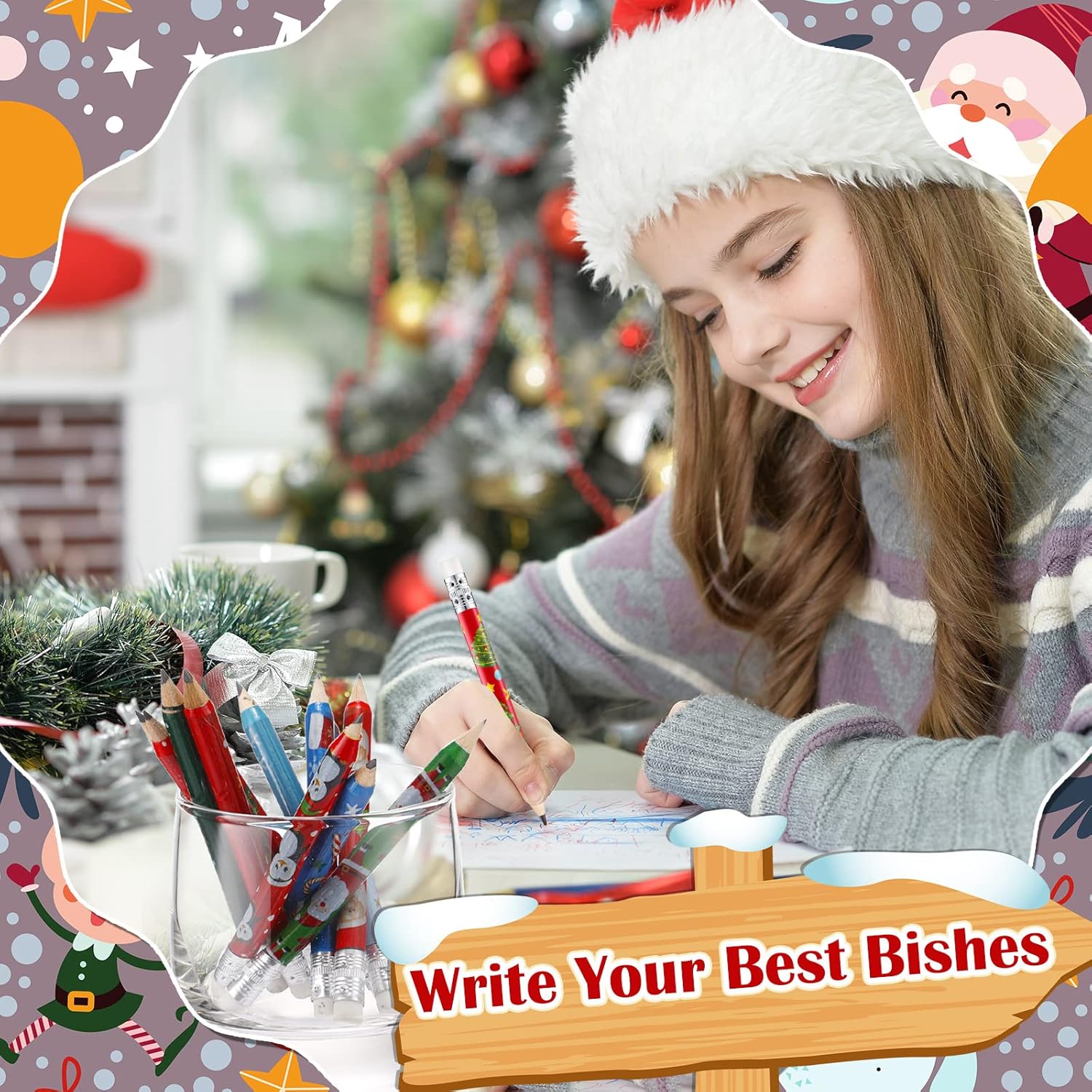 144 Pcs Christmas Pencils for Kids Wood Golf Presharped Pencils with Eraser Snowman Santa Claus Christmas Tree Snowflakes Candy Assortment Stationery Office School Classroom Xmas Party Favor Supplies