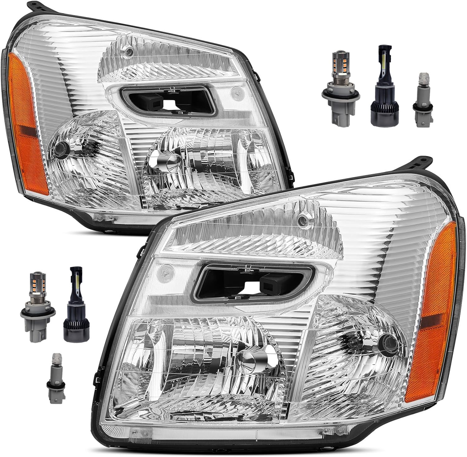 Headlights Assembly W/LED Bulbs Compatible With 2005-2009 Chevy Equinox SUV, Replacement Headlamp Driver and Passenger Side, Chrome Housing Amber Reflector 05-09 Equinox Head Light