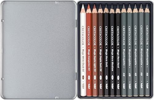 Miniatura 3 de Cretacolor X Mega Drawing - Juego de 12 lápices de estaño para bocetos, aceite de tiza blanca, aceite de sanguina, luz sepia, oscuro sepia, negro,