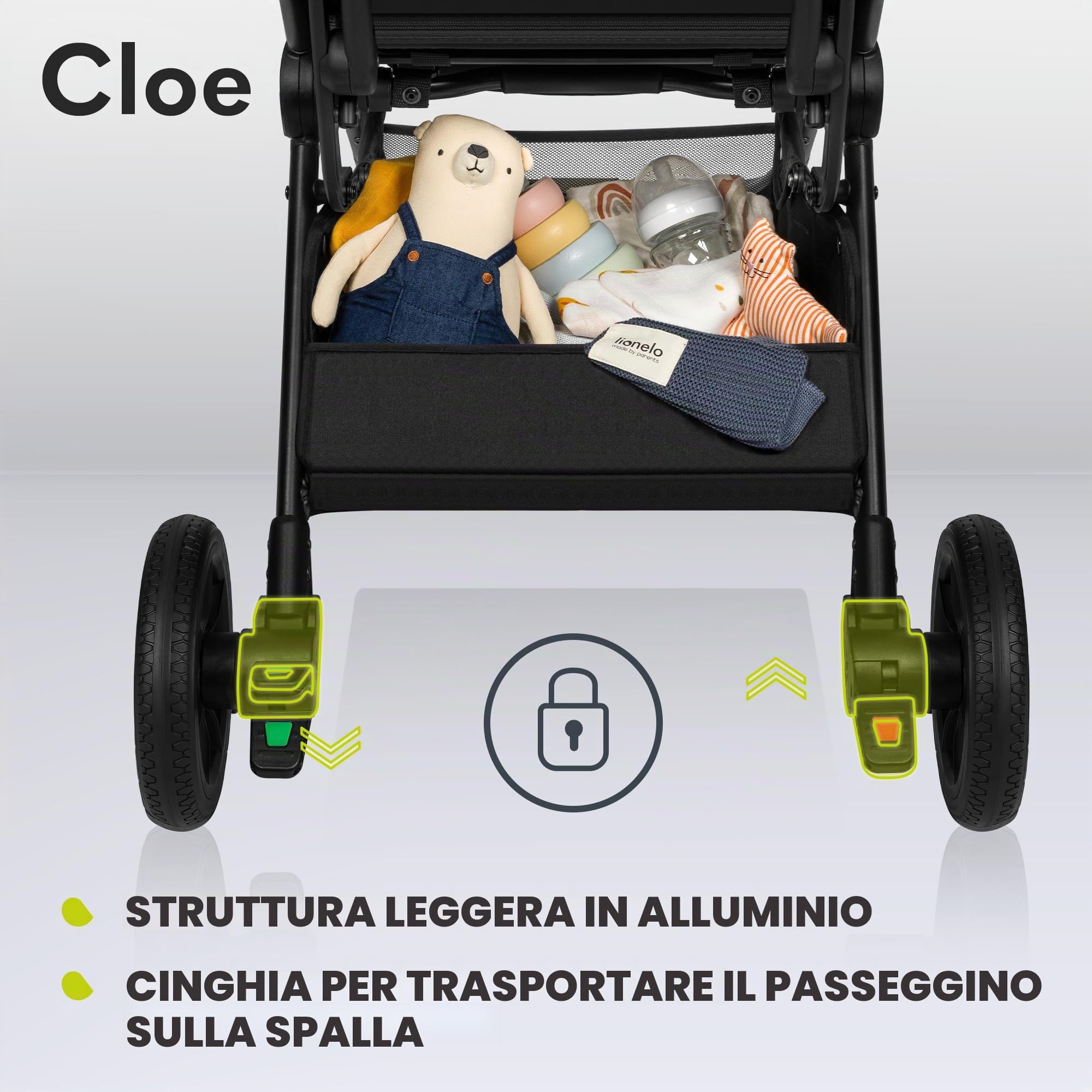 LIONELO Cloe Passeggino Leggero e Pieghevole per bambini da 6 a 48 Mesi | Passegino Compatto fino a 22 kg, Schienale Reclinabile, Posizione Distesa, Cinture a 5 Punti, Ruote XXL, Zanzariera