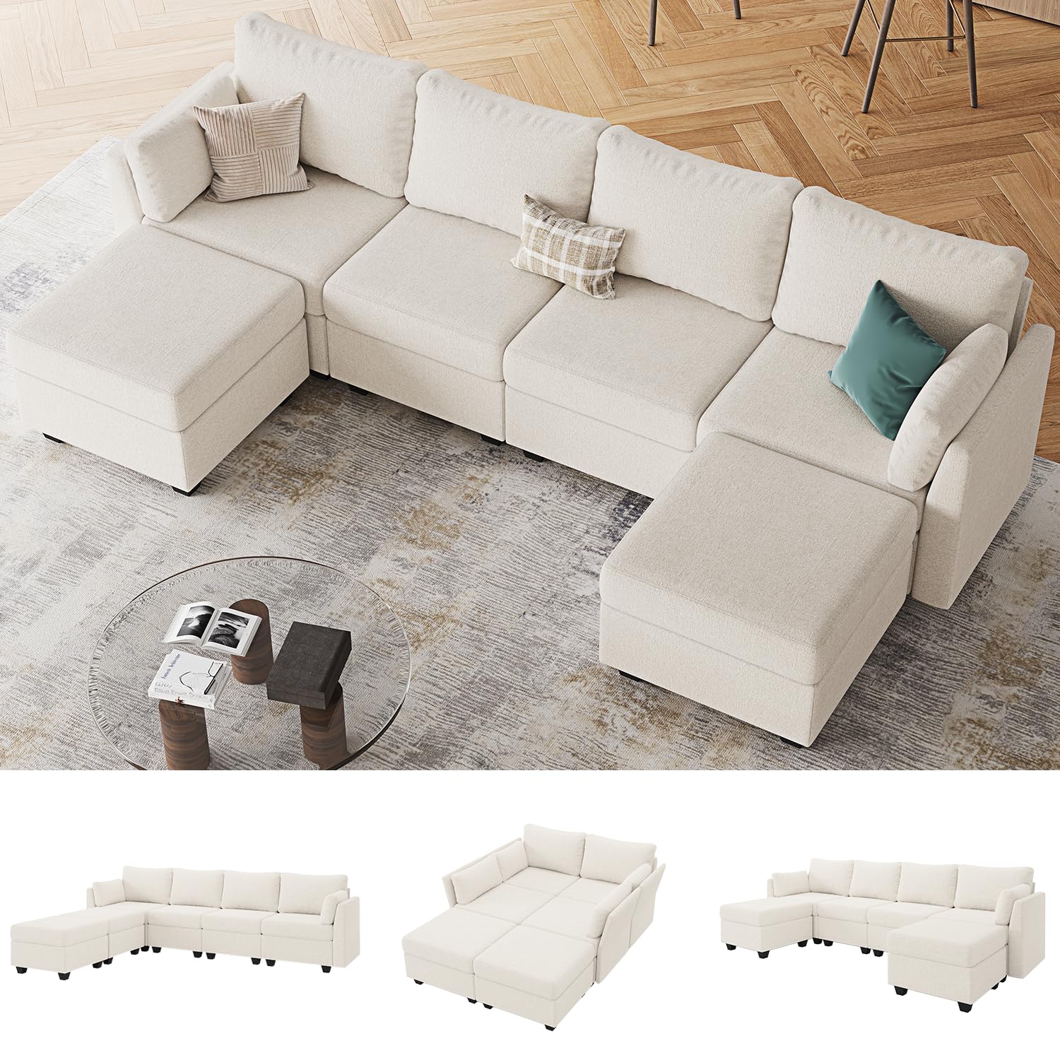 114.17" Modular Sectional Sofa, 6 Seat Sectional Couches with Storage, Memory Foam, Convertible Modular Couch for Living Room, U Shaped Comfy Modular Sofa with Chaise, Beige ( INCOMPLETE 1BOX ONLY)